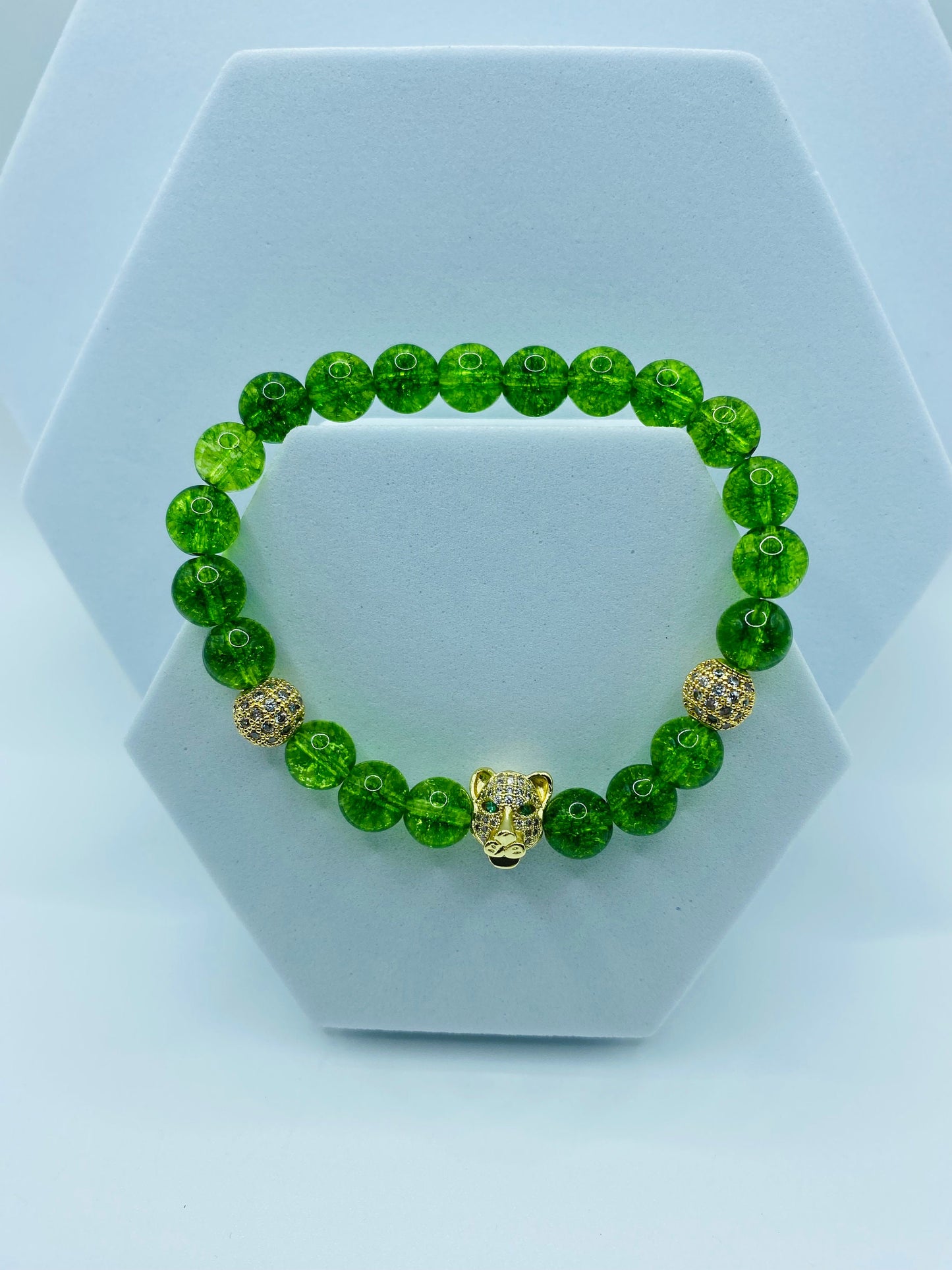 Mens Quartz Crystal Bracelet: Gold Tiger Charm, CZ Beads