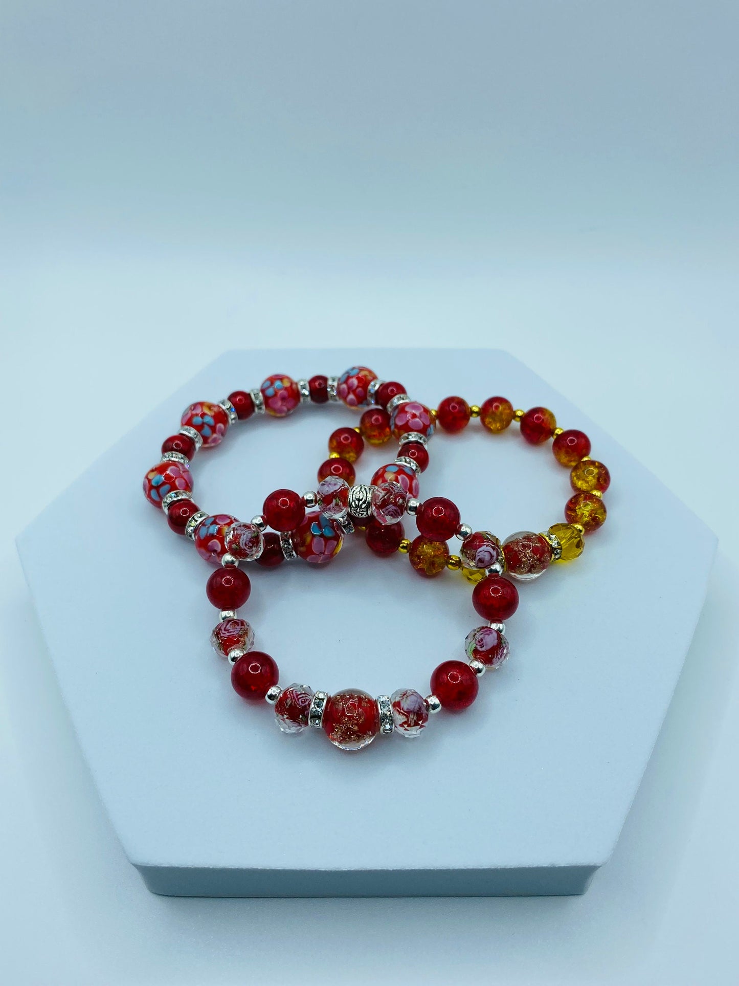 Red Lampwork Glass Bead Bracelet: Hematite & Crystal Rondelles