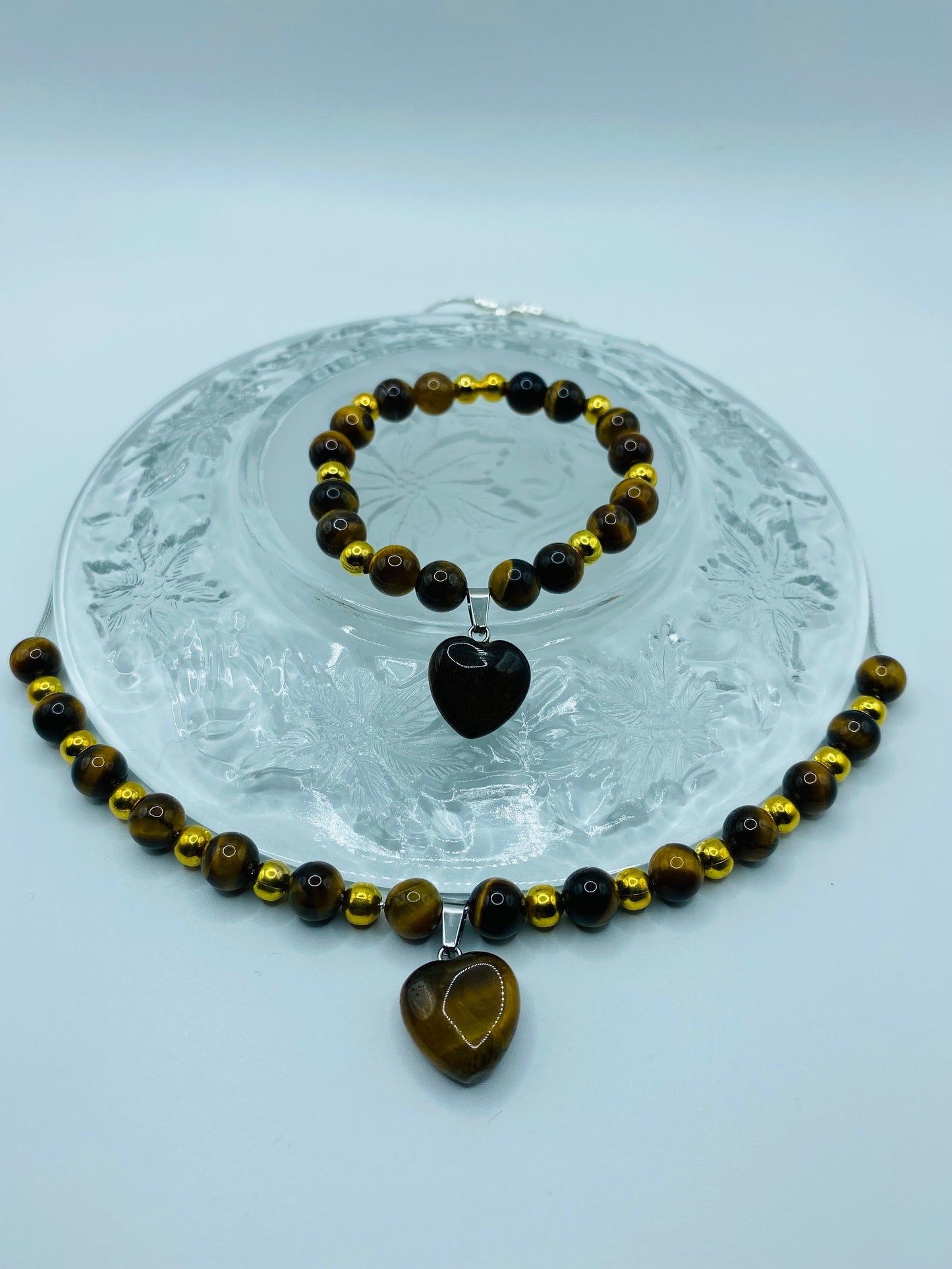 Tiger's Eye Heart Necklace & Bracelet Set: Gold Plated Hematite Beads