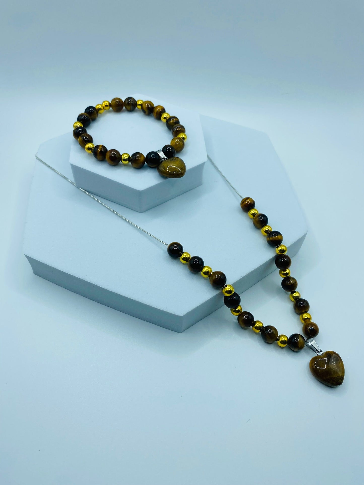 Tiger's Eye Heart Necklace & Bracelet Set: Gold Plated Hematite Beads