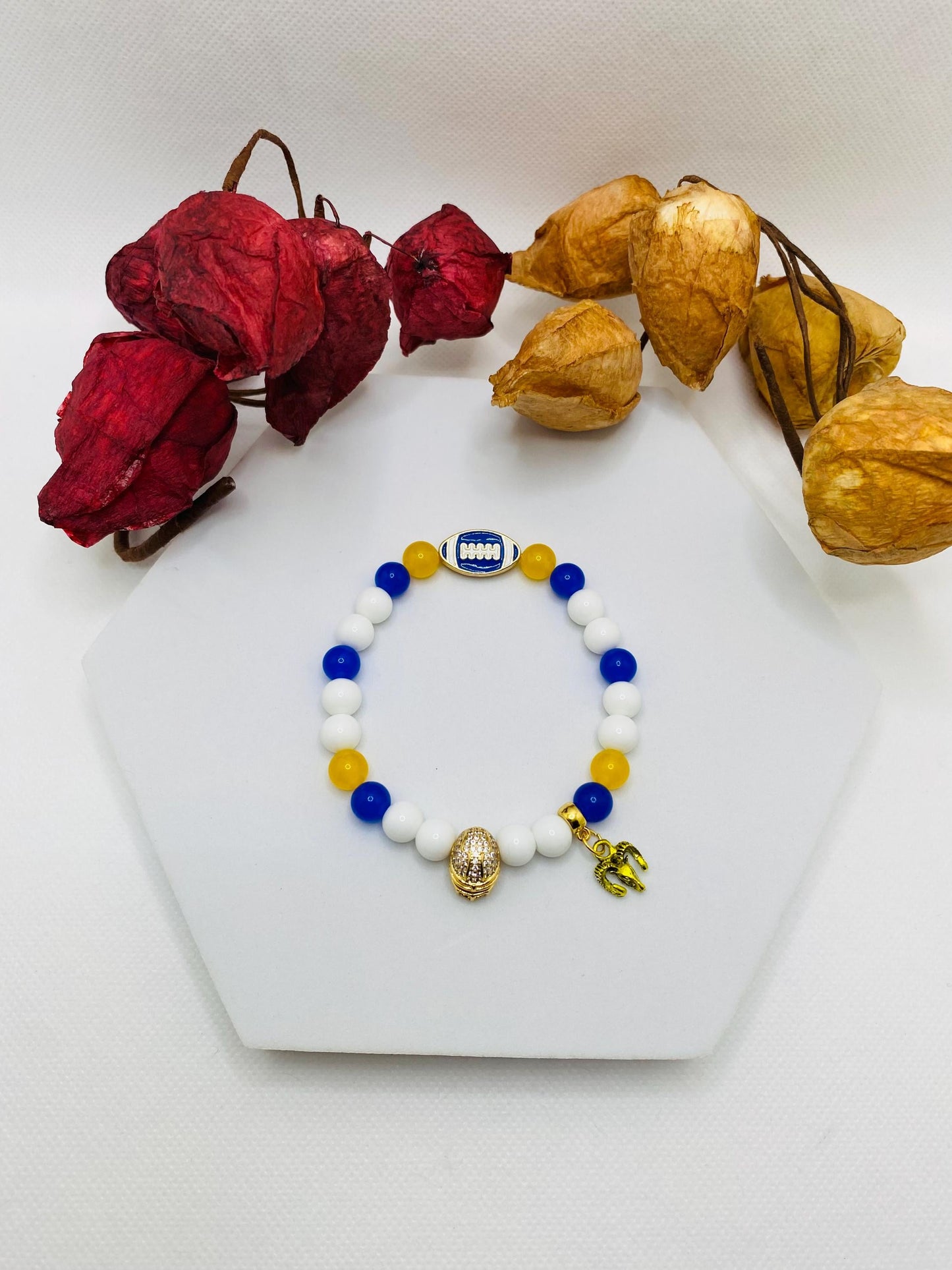 Los Angeles Rams Bracelet: Agate & Kyanite Gemstone Beads, Football Charm