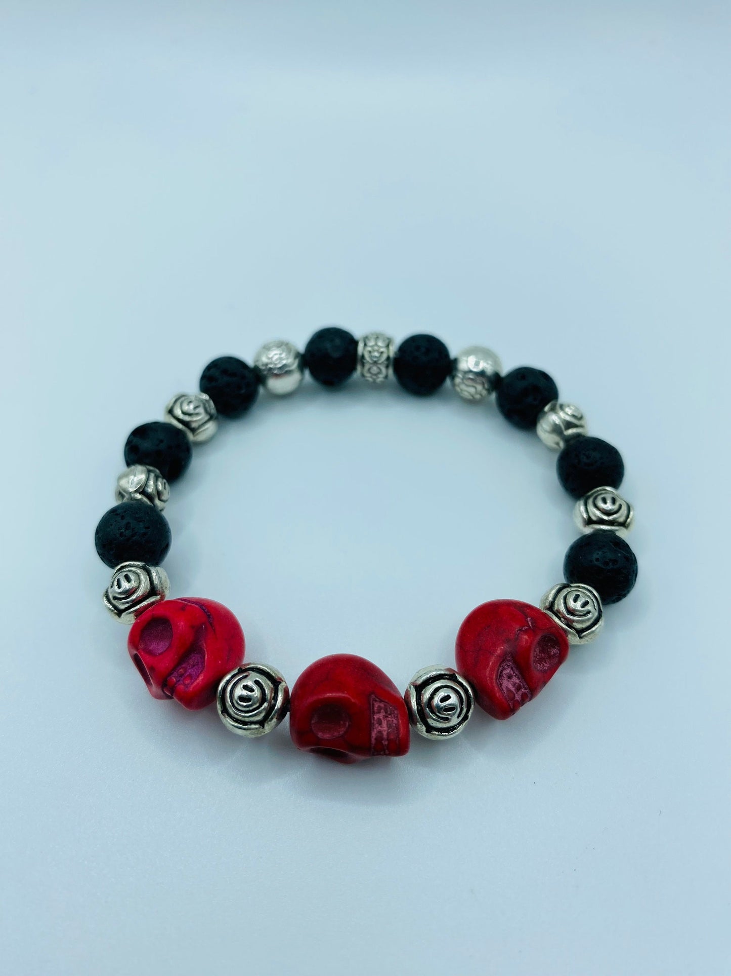 Day of the Dead Lava Rock Bracelet, Red Skull Beads & Metal flowers - Dia de Los Muertos - Gifts for Her