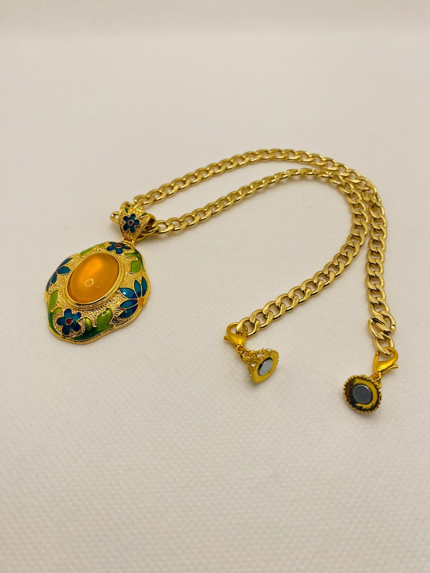 Boho Yellow Agate Pendant Necklace: Gold Plated Cuban Chain