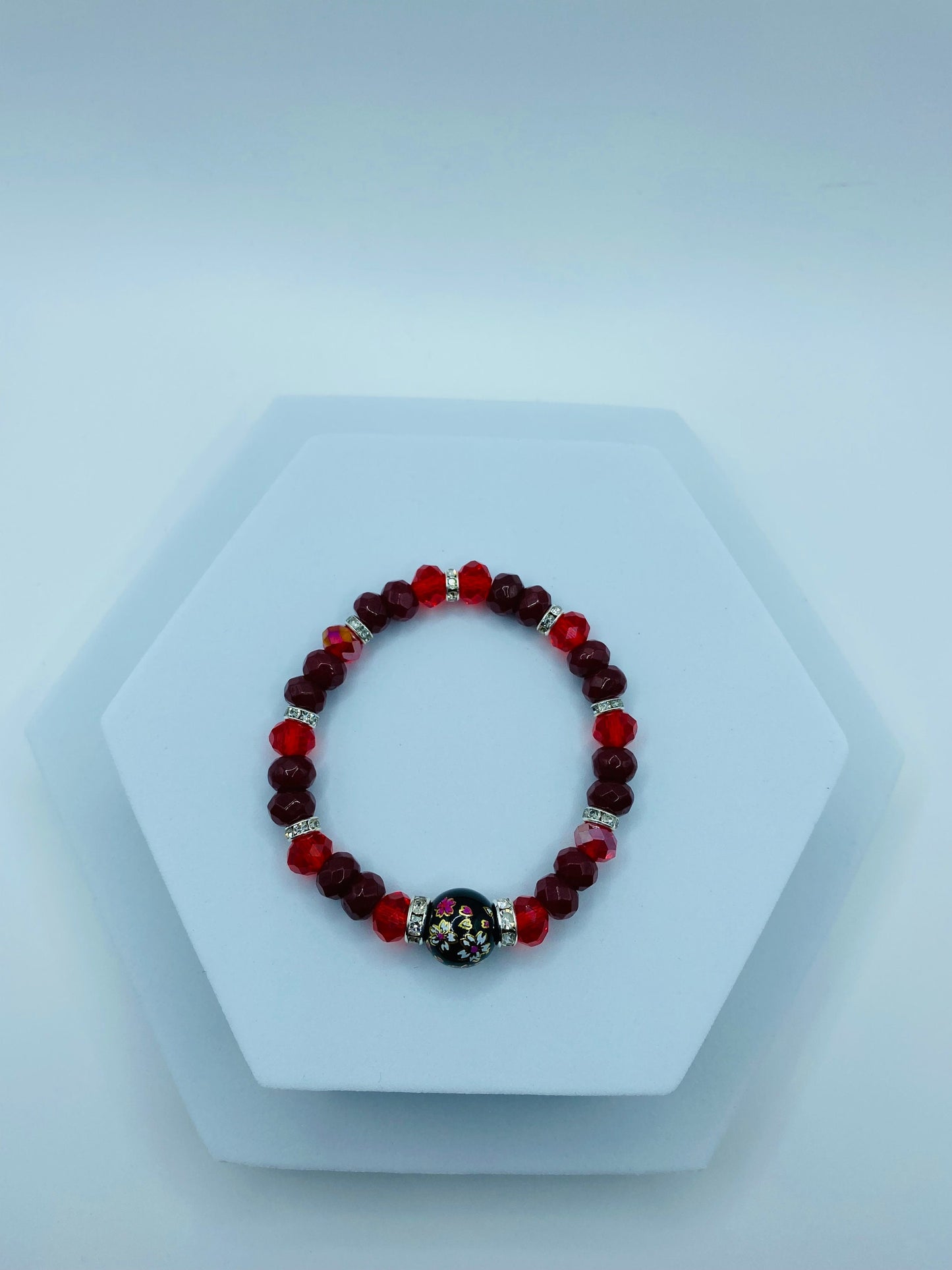 Red Jade & Crystal Beaded Bracelet with Floral Painted Glass Bead