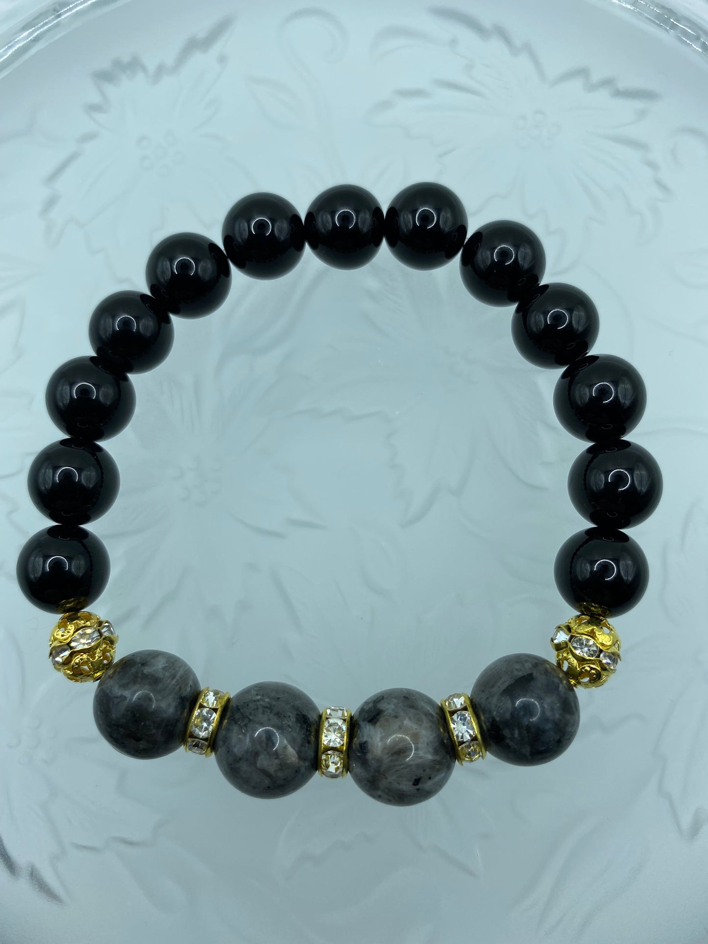 Labradorite & Black Onyx Beaded Bracelet: 18k Gold Rhinestone Rondelles