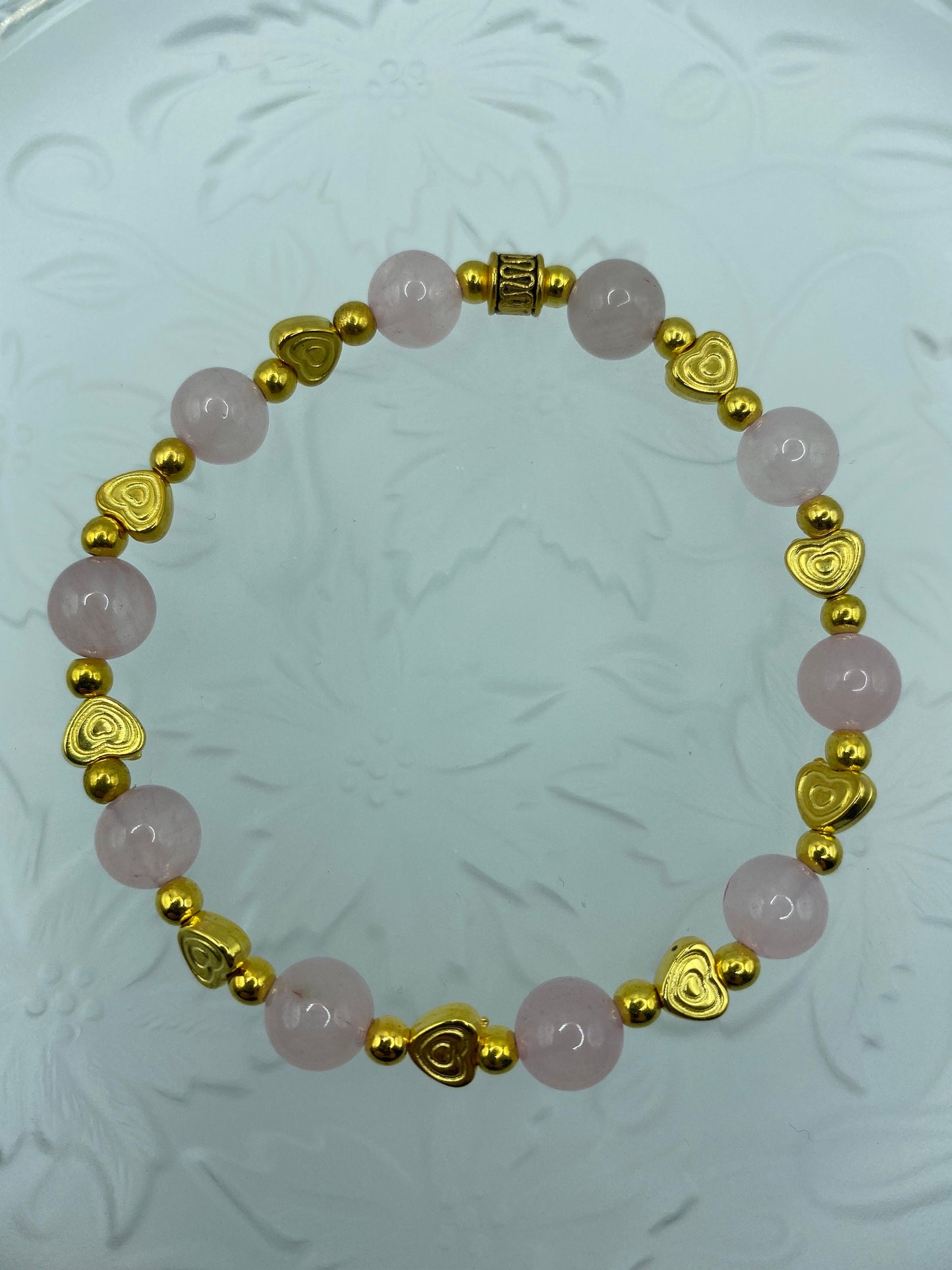 Rose Quartz Bracelet: 18k Gold Heart Charms, Gold Hematite Beads