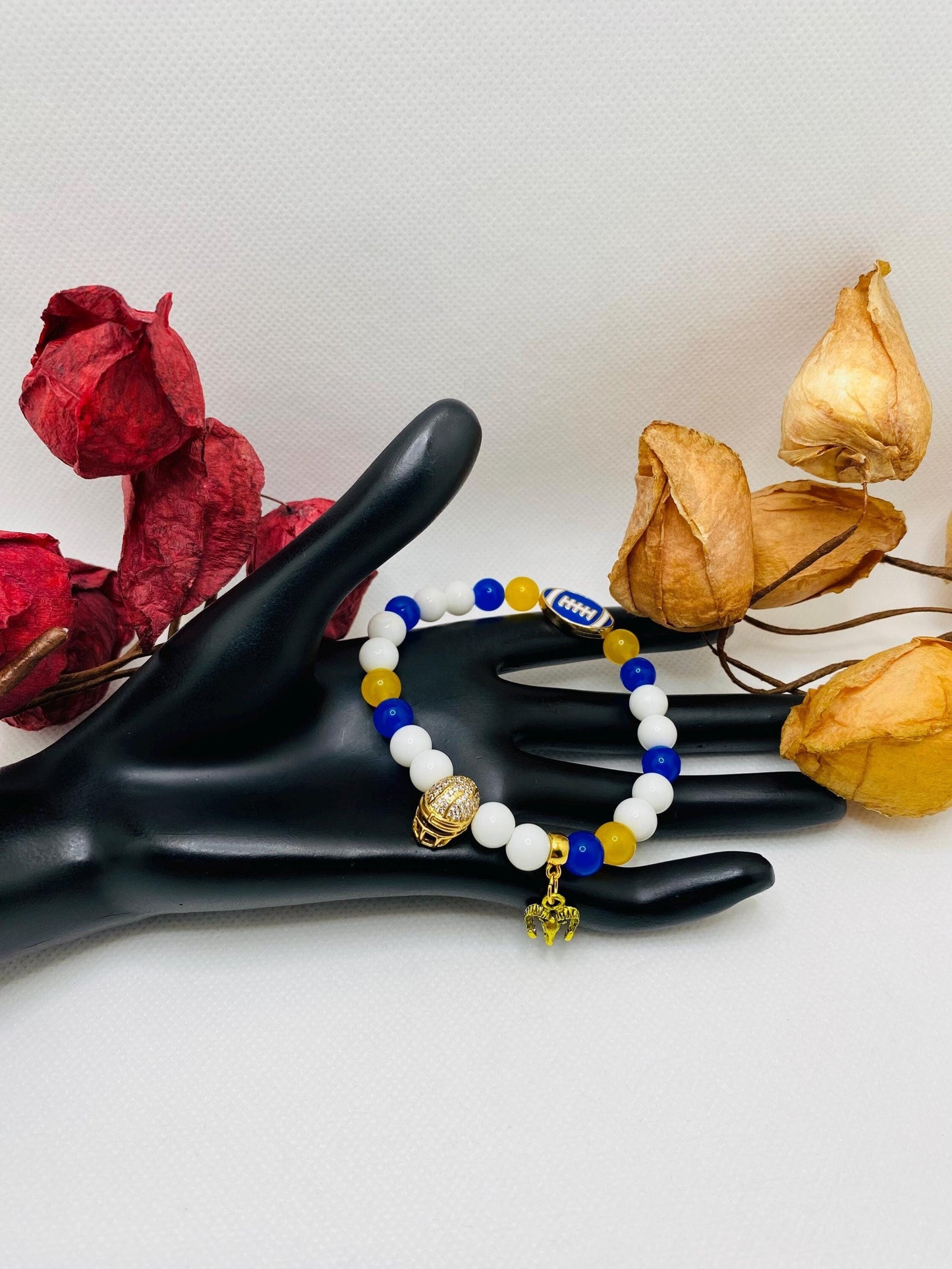 Los Angeles Rams Bracelet: Agate & Kyanite Gemstone Beads, Football Charm