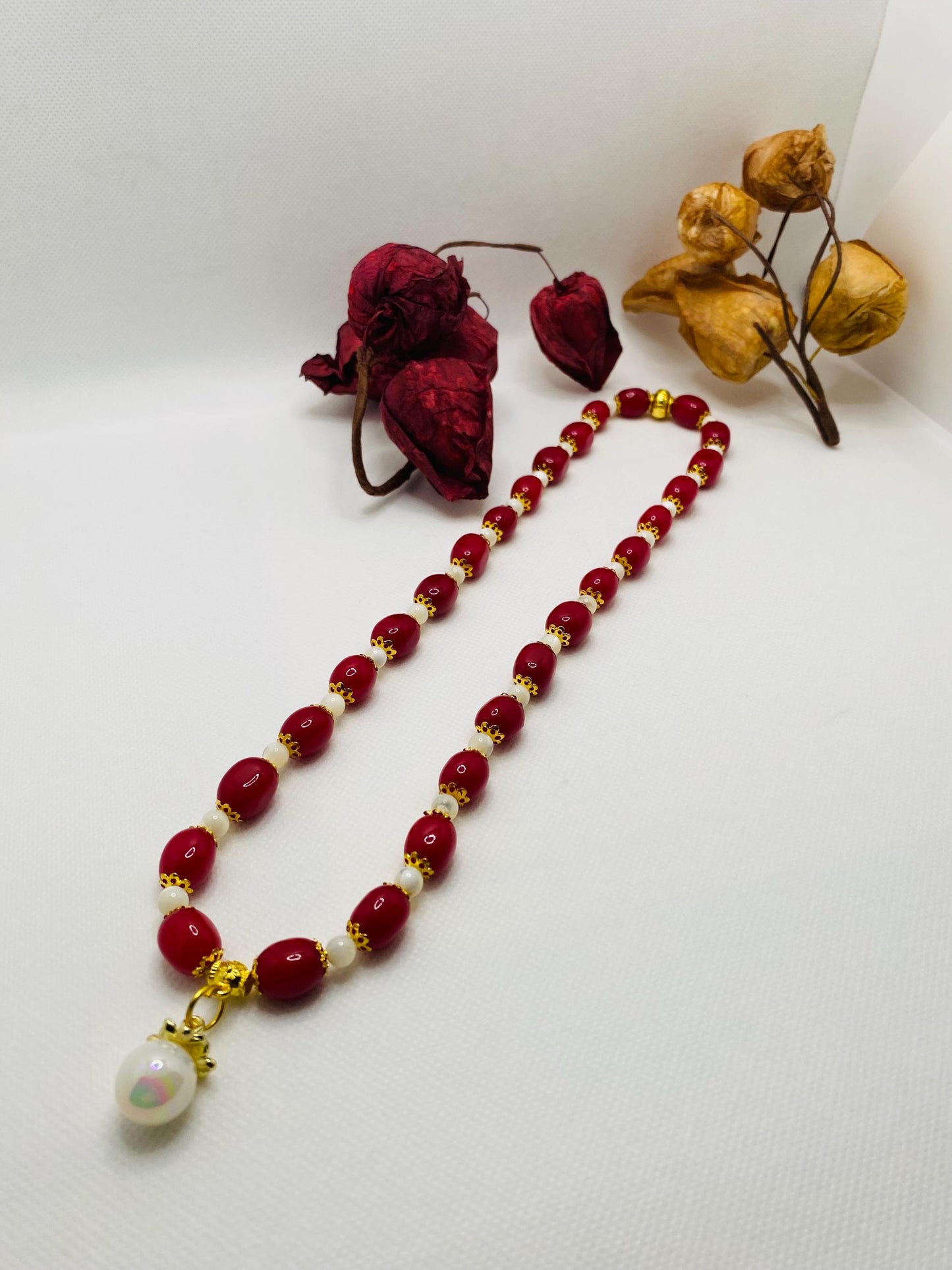 Handmade Red Jade Necklace: Mother of Pearl, Faux Pearl Pendant