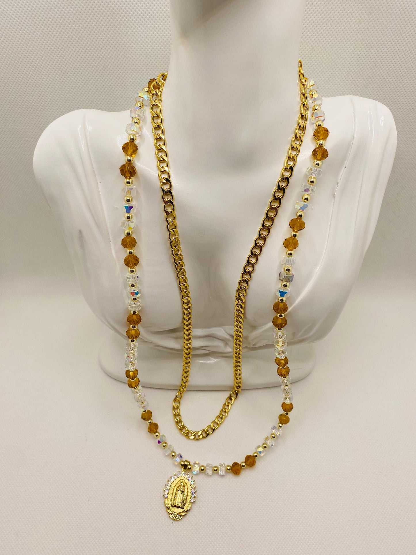 Virgin Mary Necklace: Gold Cuban Link Chain, Crystal Beads Religious Jewelry