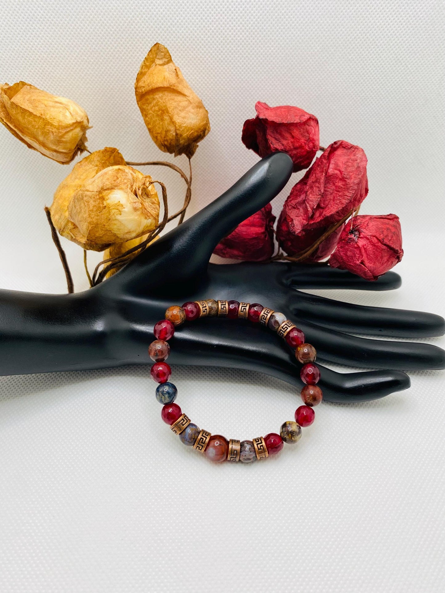 Carnelian Bracelet: Natural Pietersite, Agate, and Tibetan Spacers