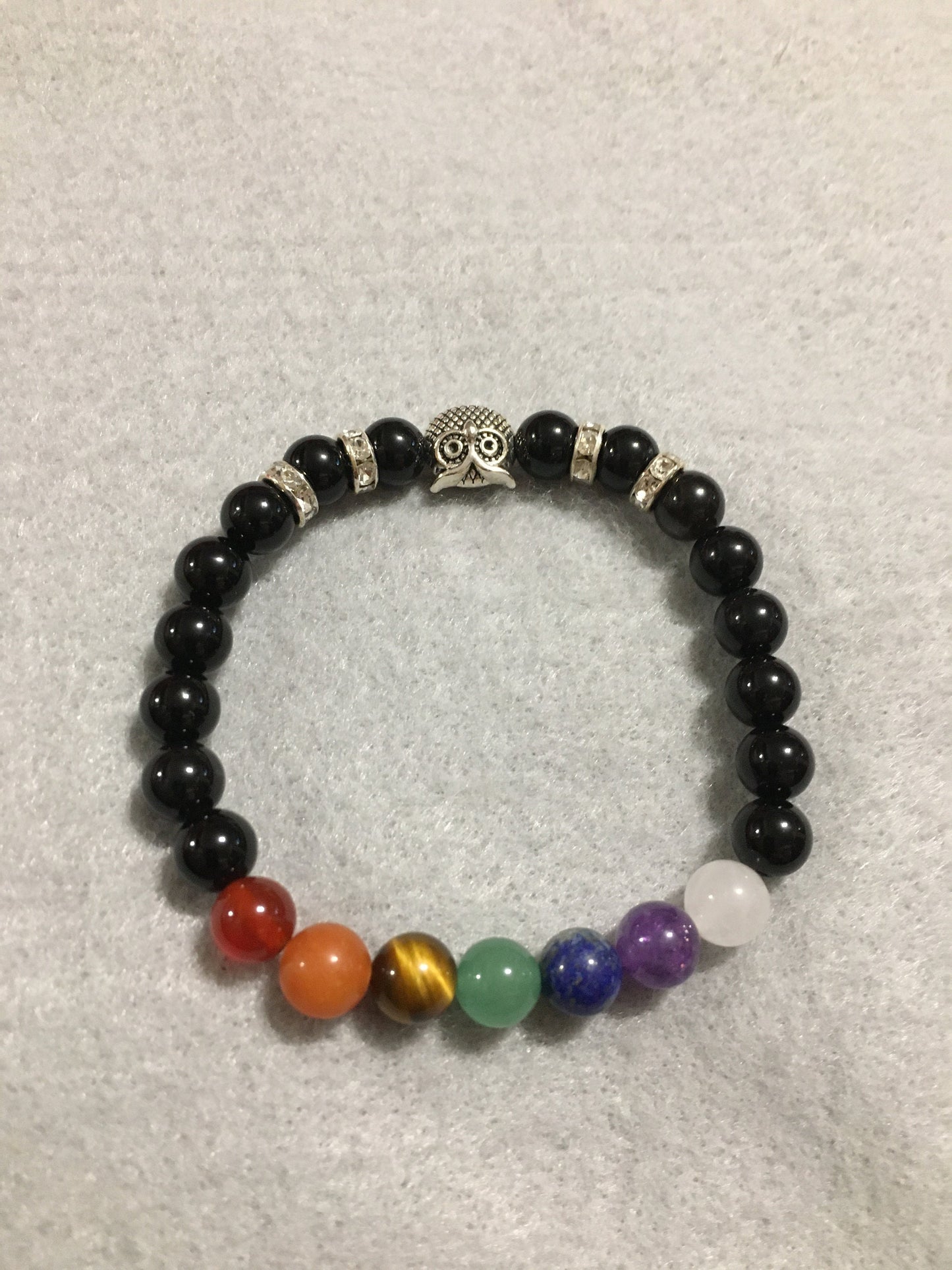 Chakra Stone Bracelet: Black Onyx Beads with Rhinestone Owl Charm