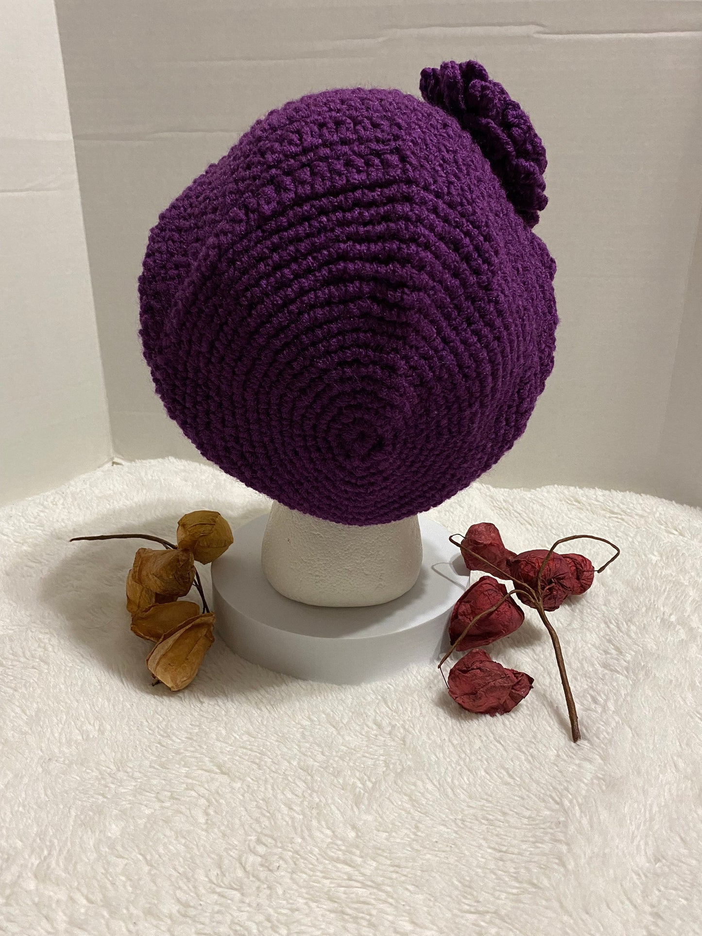 Handmade Crochet Hat with Flower: Purple Acrylic Beanie