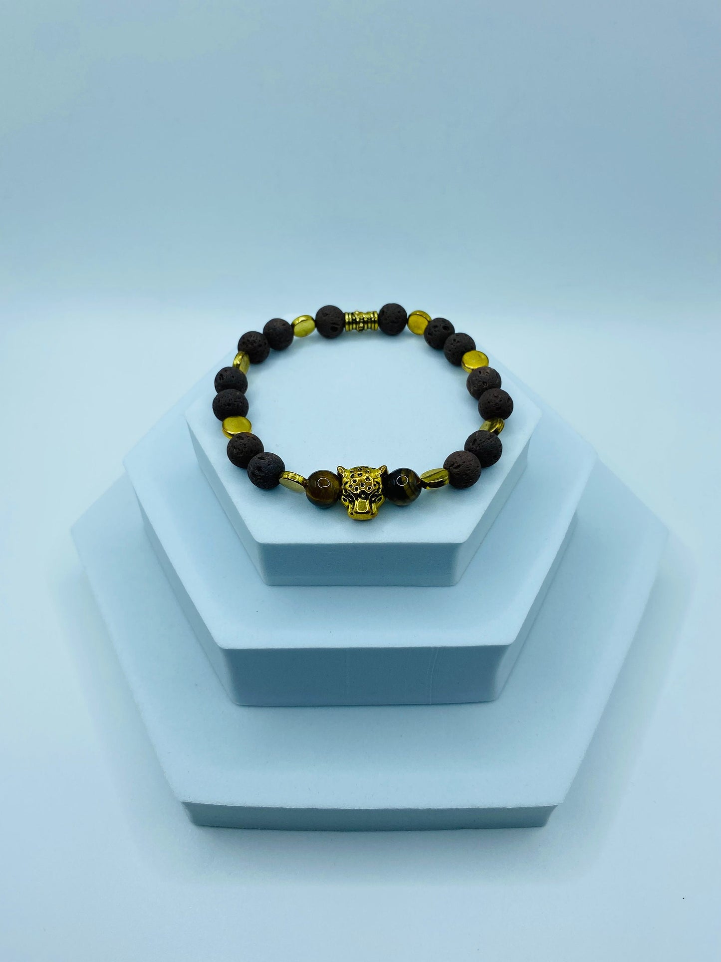 Lava Rock Bracelet: Leopard Charm, Tiger's Eye Beads, Handmade