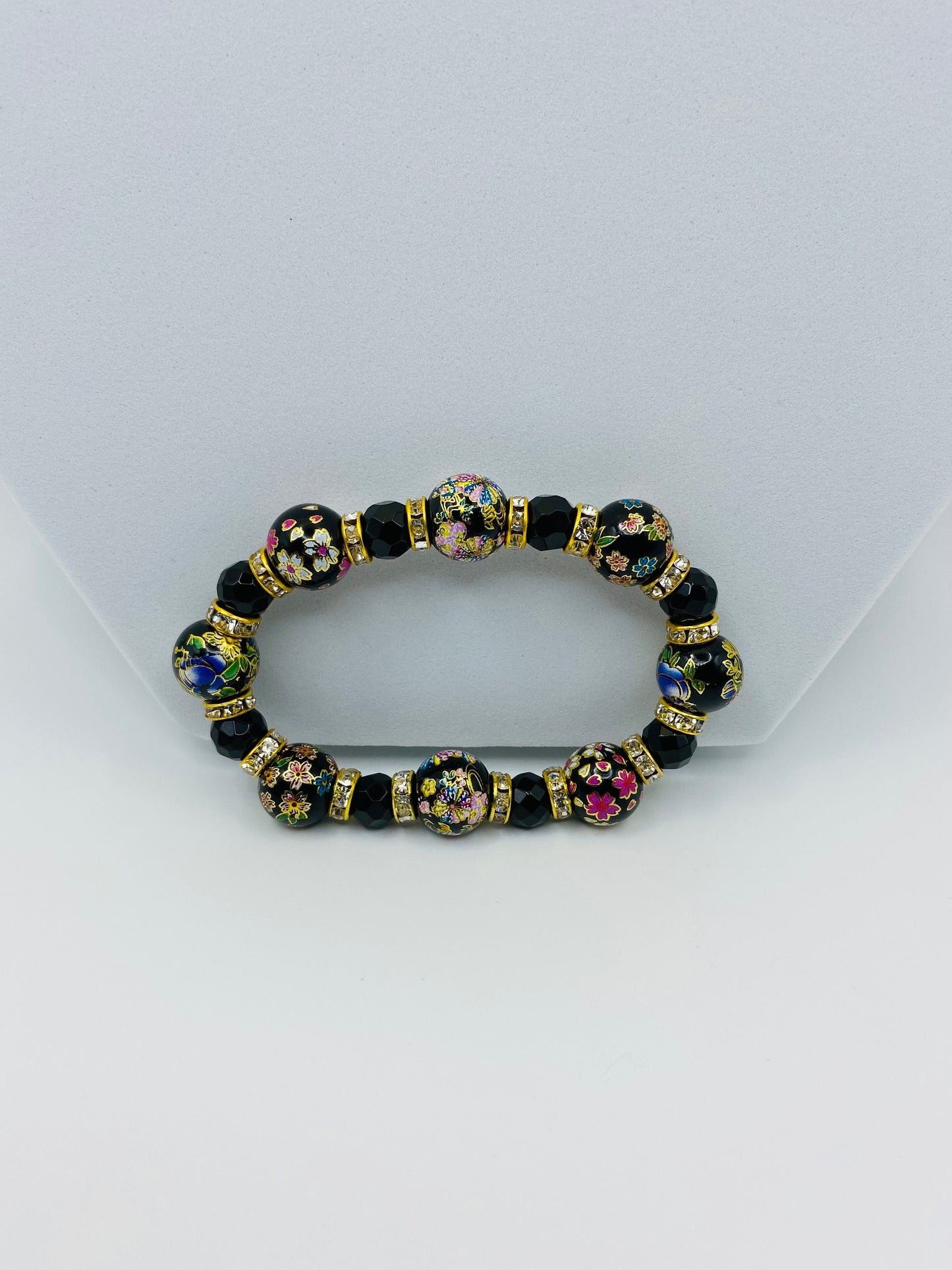 Black Onyx Bracelet: Hand-Painted Floral Glass Beads, 18k Gold Rhinestone