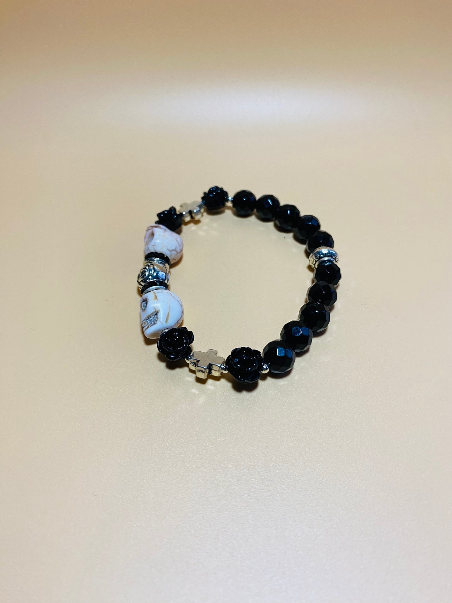 Day of the Dead Black Onyx Bracelet with Skull Beads - Silver Cross Bracelet - Gift for Her - Gift for Him
