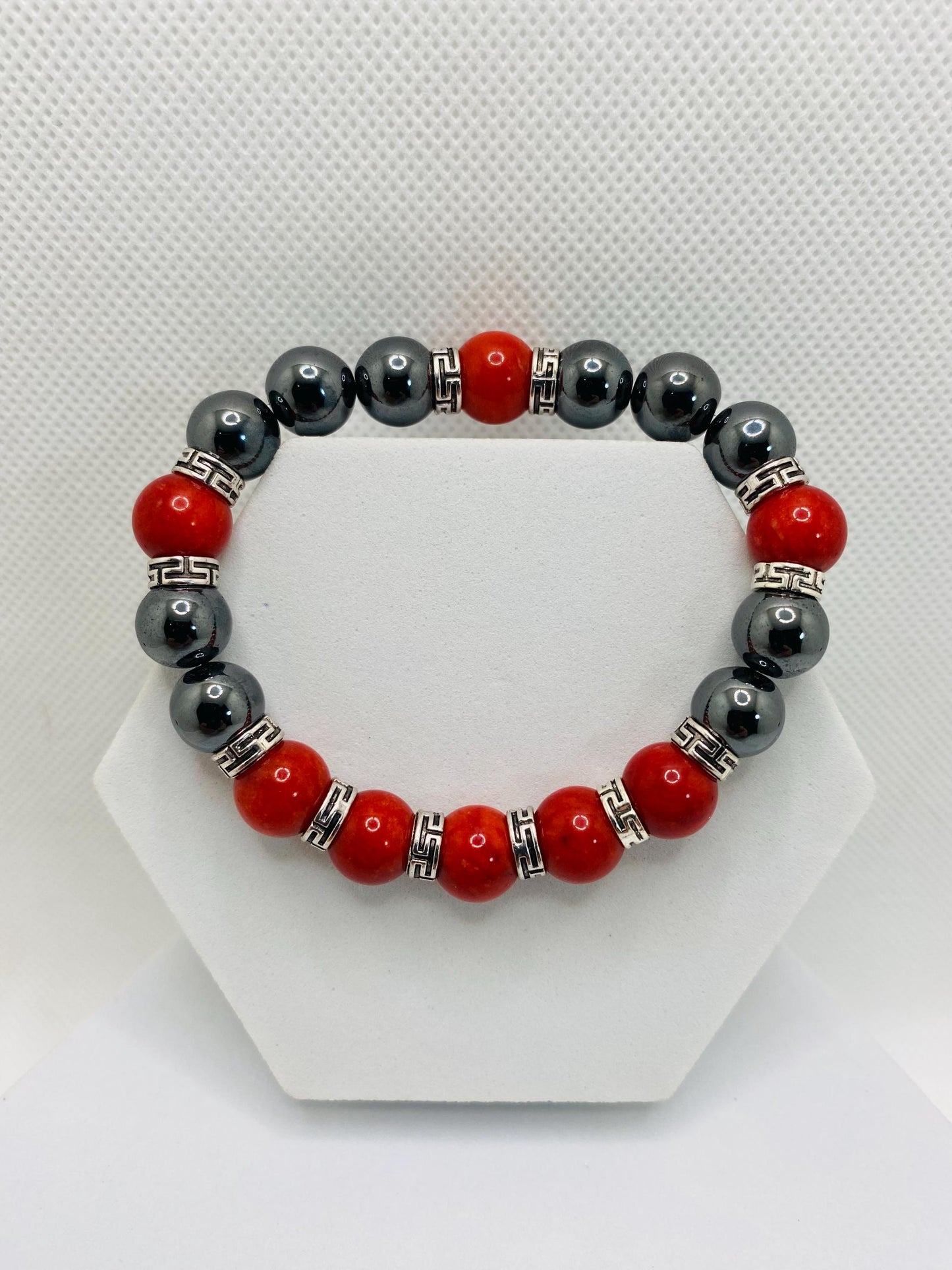 Men's Hematite Bracelet: Red Coral Beads, Tibetan Jewelry