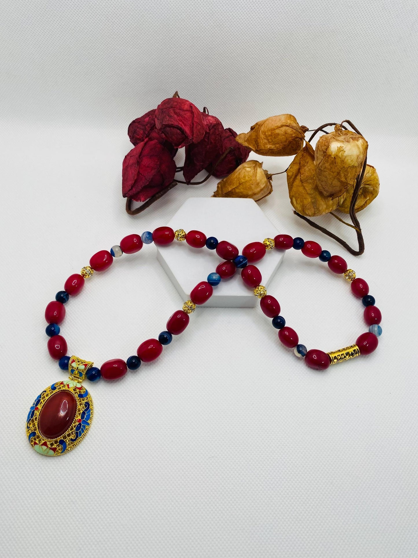 Chalcedony Pendant Necklace: Red Jade & Agate Gemstone Boho Jewelry