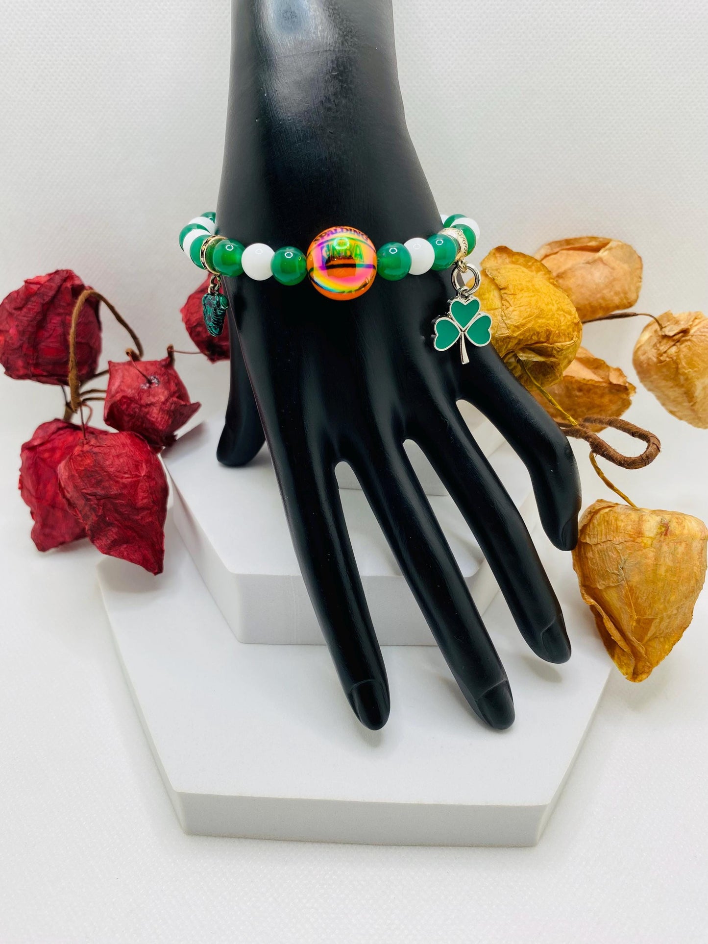 Boston Celtics Jade Beaded Bracelet with Basketball Bead & Clover Charm