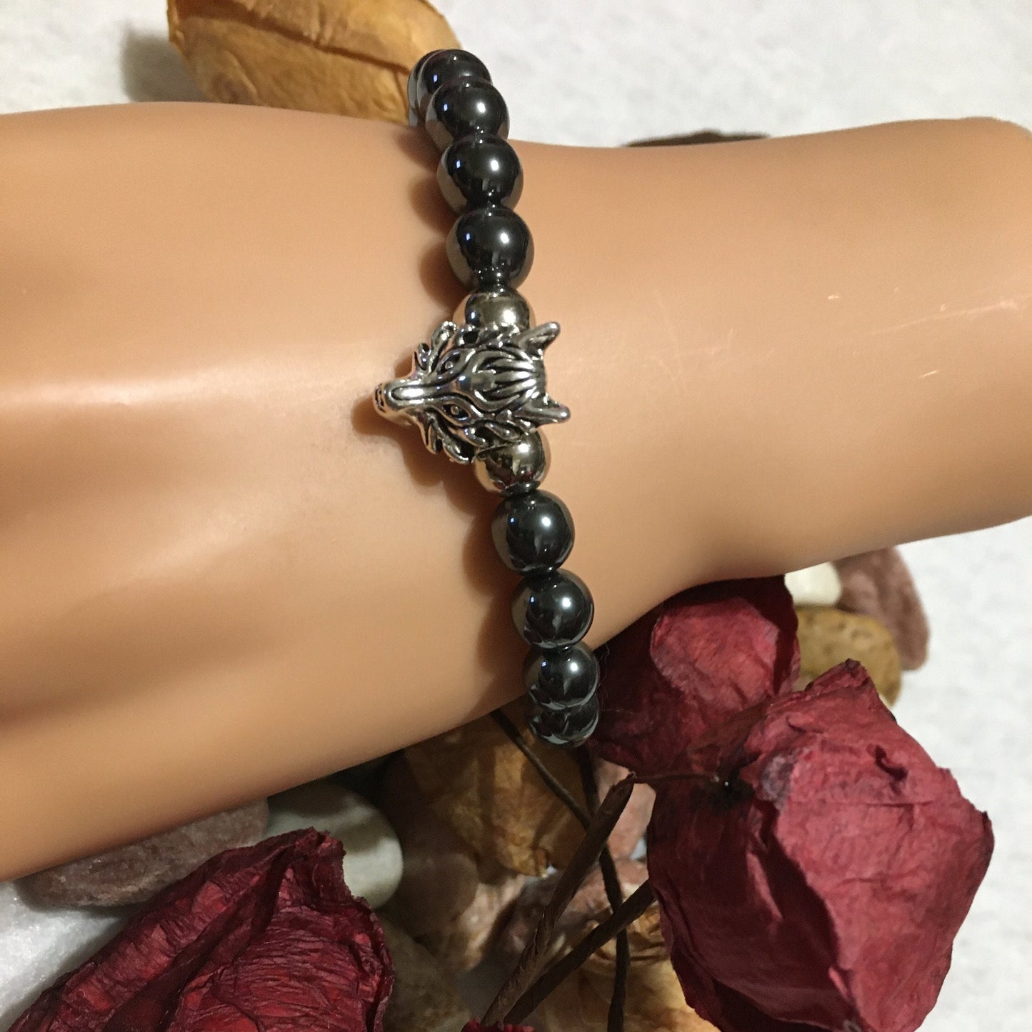 Silver Wolf Charm Bracelet with Hematite Gemstone Beads