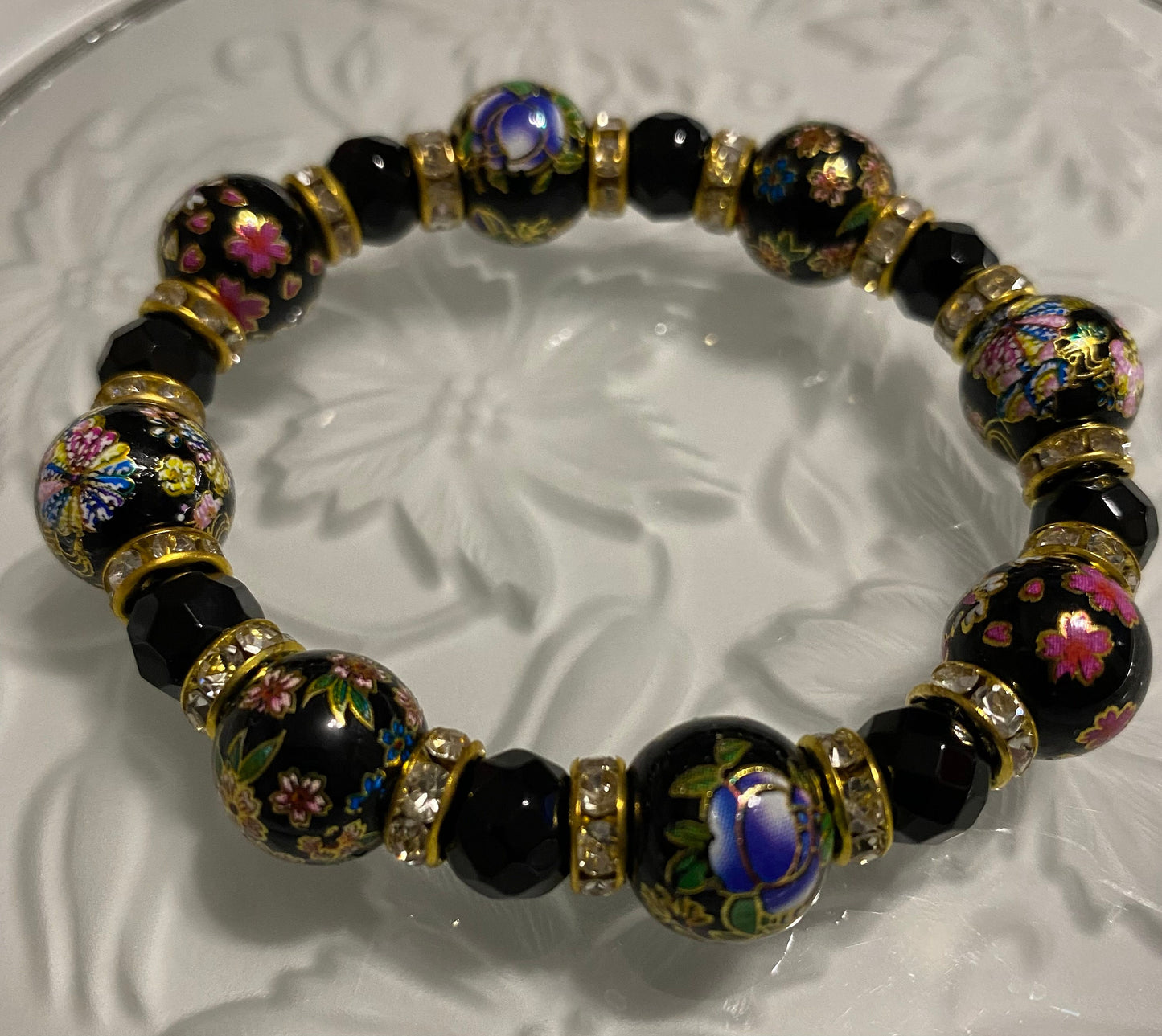 Black Onyx Bracelet: Hand-Painted Floral Glass Beads, 18k Gold Rhinestone