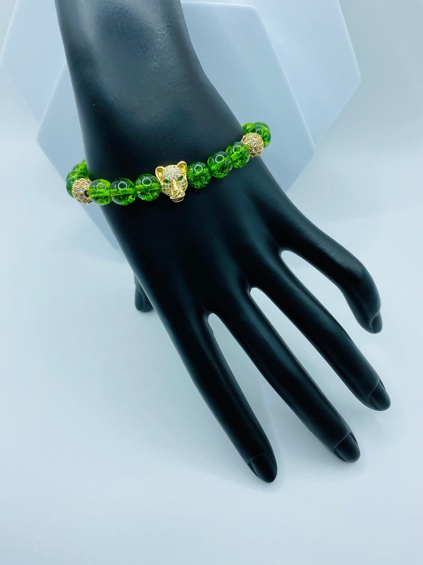 Mens Quartz Crystal Bracelet: Gold Tiger Charm, CZ Beads