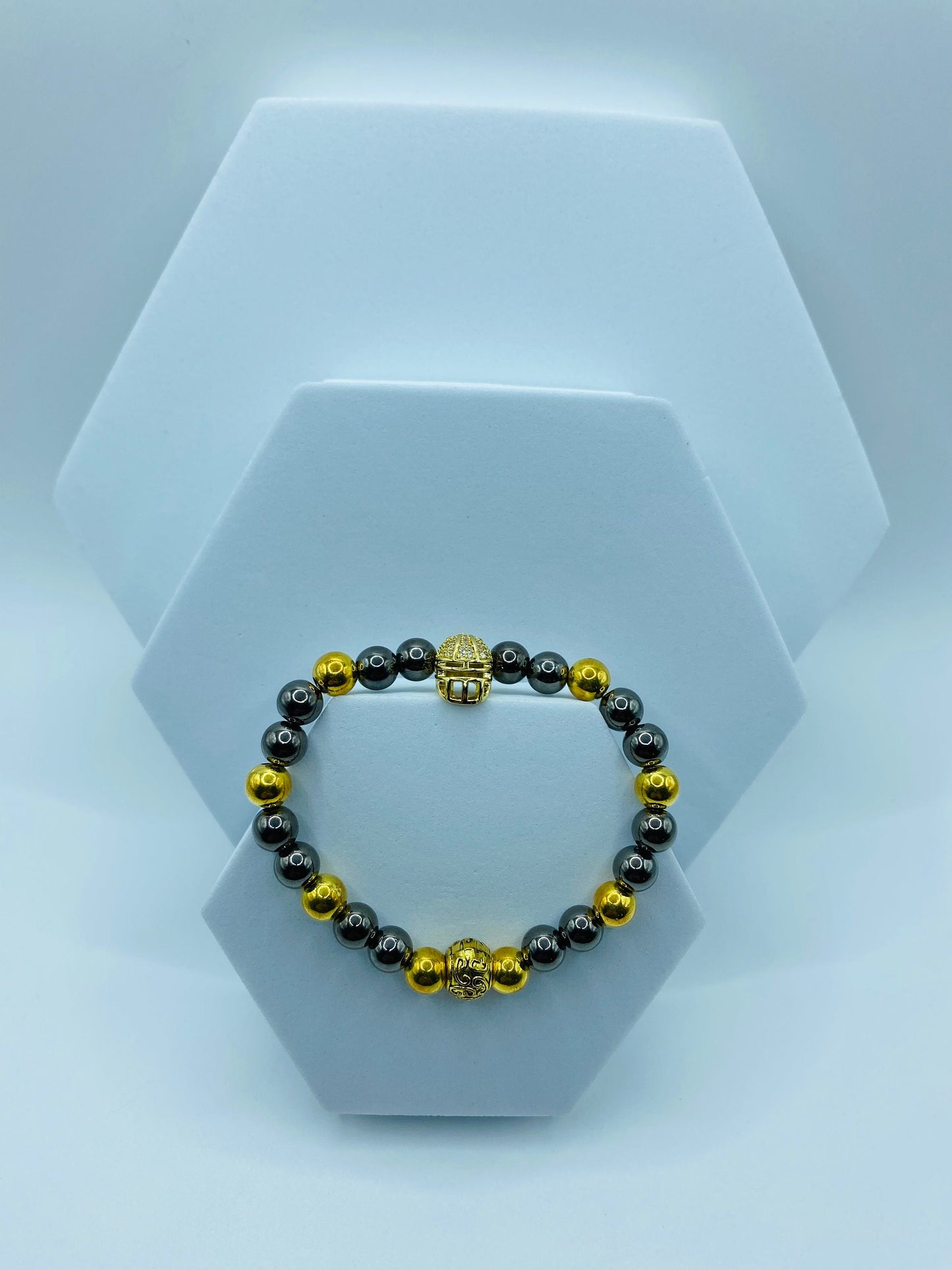 Pittsburgh Steelers Bracelet: 18k Gold Plated Hematite, CZ Football Helmet