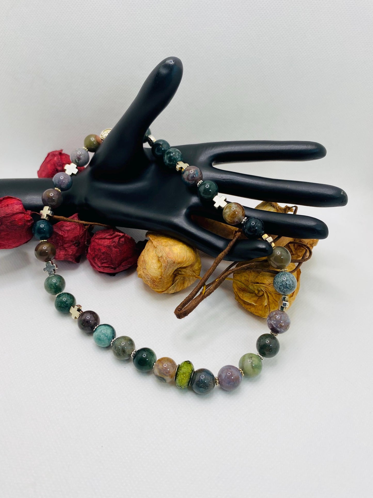 Moss Agate Necklace: Religious Cross Medallion, Antique Silver