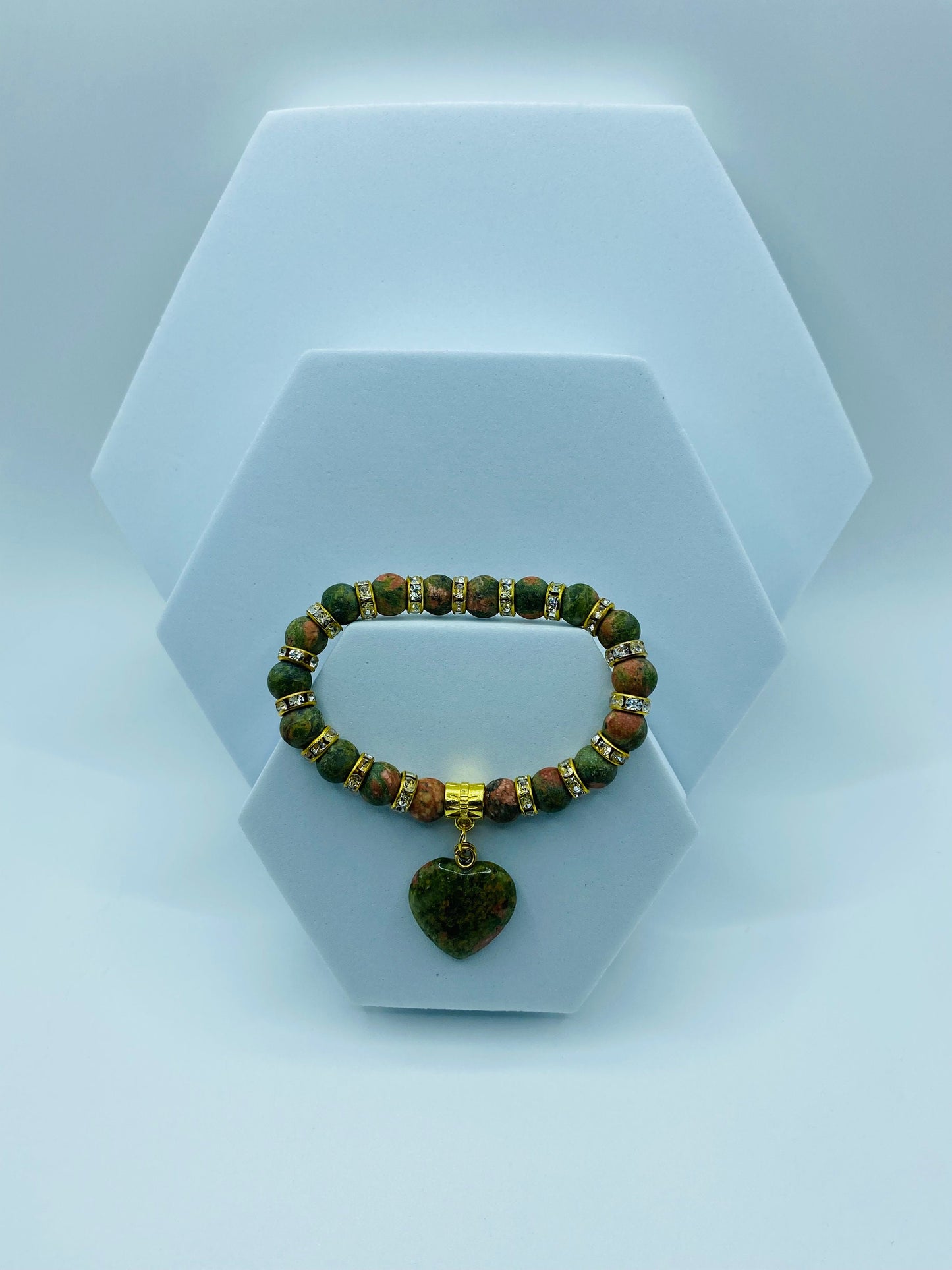 Unakite Heart Charm Bracelet: Gemstone Beads, 18k Gold Accents