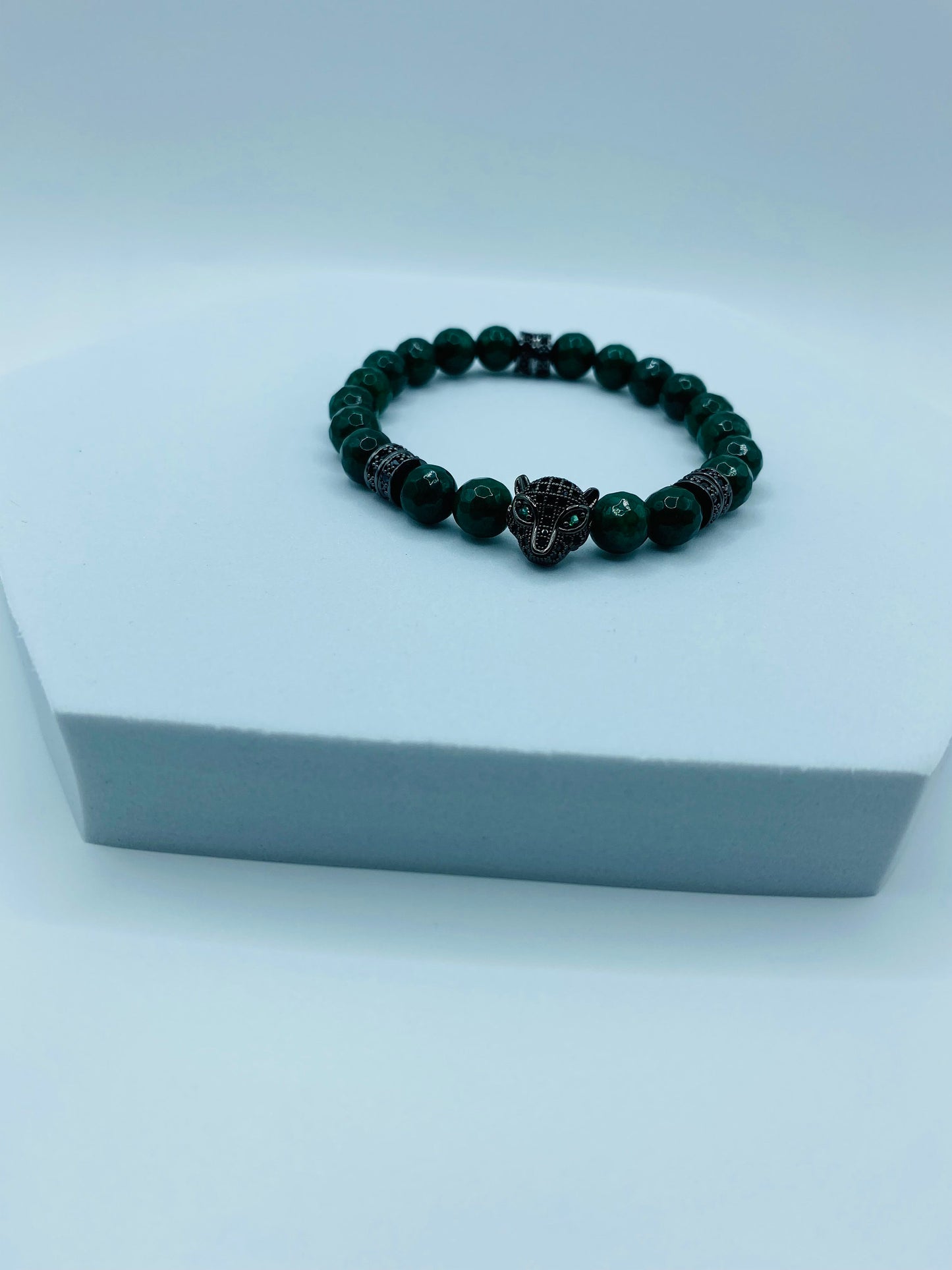 Emerald Green Jade Bracelet: Black Panther Charm, Rhinestone Spacers