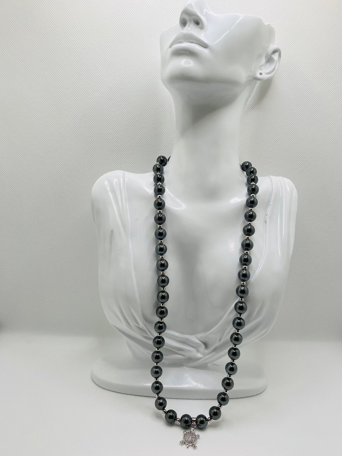 Hematite Gemstone Necklace: Silver Turtle Charm, Handmade Beaded Jewelry