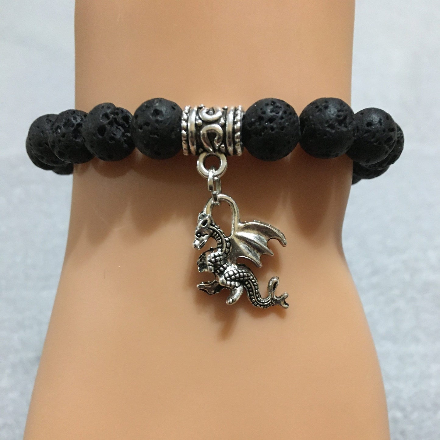 Lava Rock Dragon Bracelet: Antique Silver Charm, Gemstone Beads