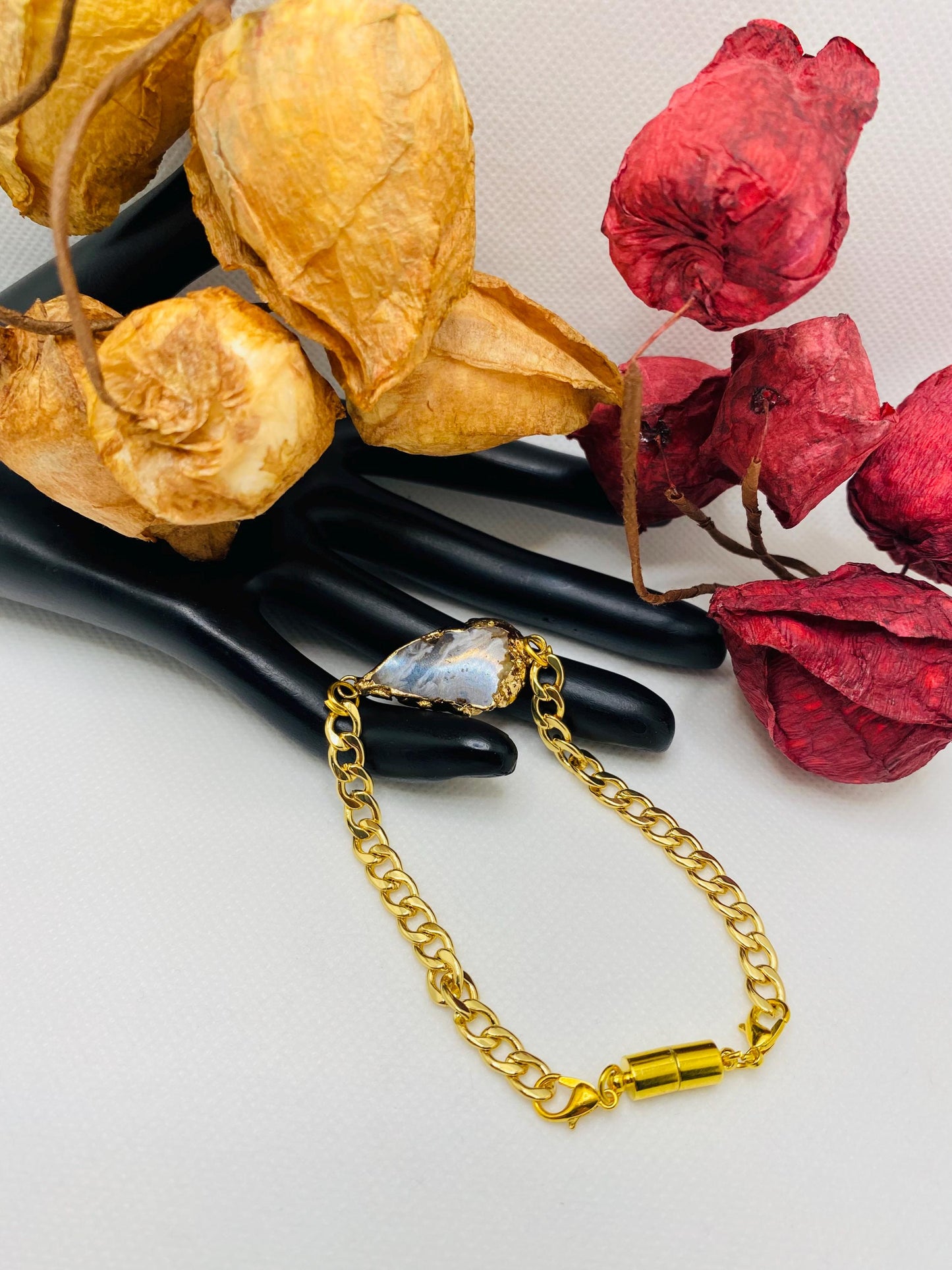 Handmade 18k Gold Plated Cuban Link Bracelet: Geode Agate, Magnetic Clasp