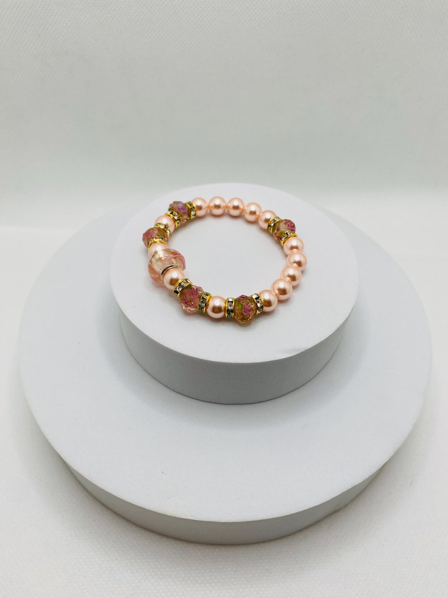 Pink Lampwork Glass & Mother of Pearl Bracelet: Rhinestone Rondelles