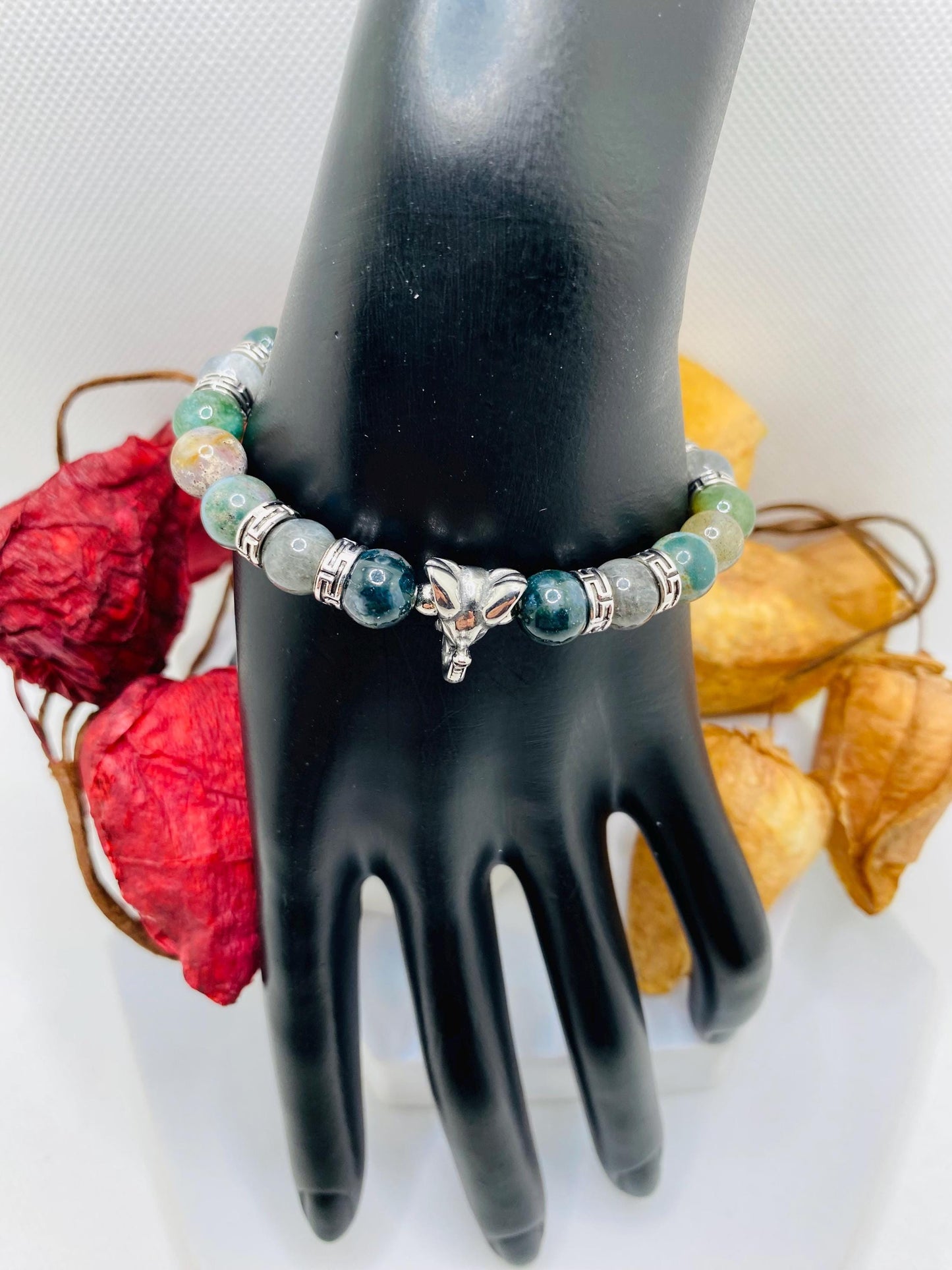 Moss Agate Beaded Bracelet: Elephant Charm, Tibetan Silver Spacers