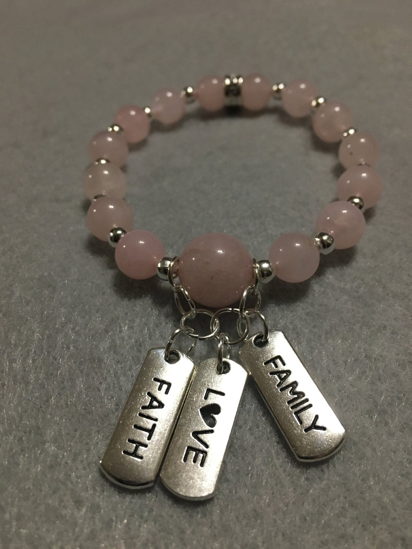 Rose Quartz Charm Bracelet for Women, Inspirational Quotes & Hematite Gemstone Beads - Gifts for Her