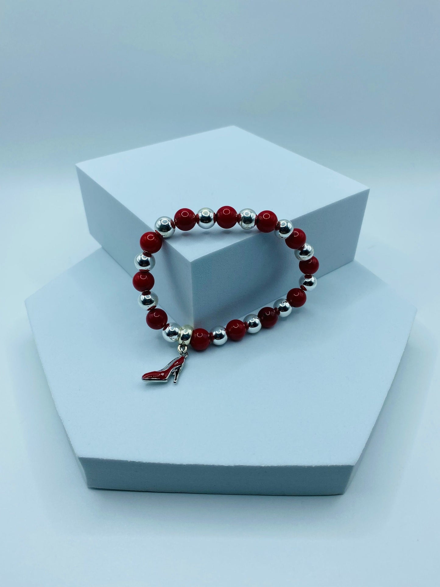 Red Coral Shoe Charm Bracelet: Silver Hematite Gemstone Beads