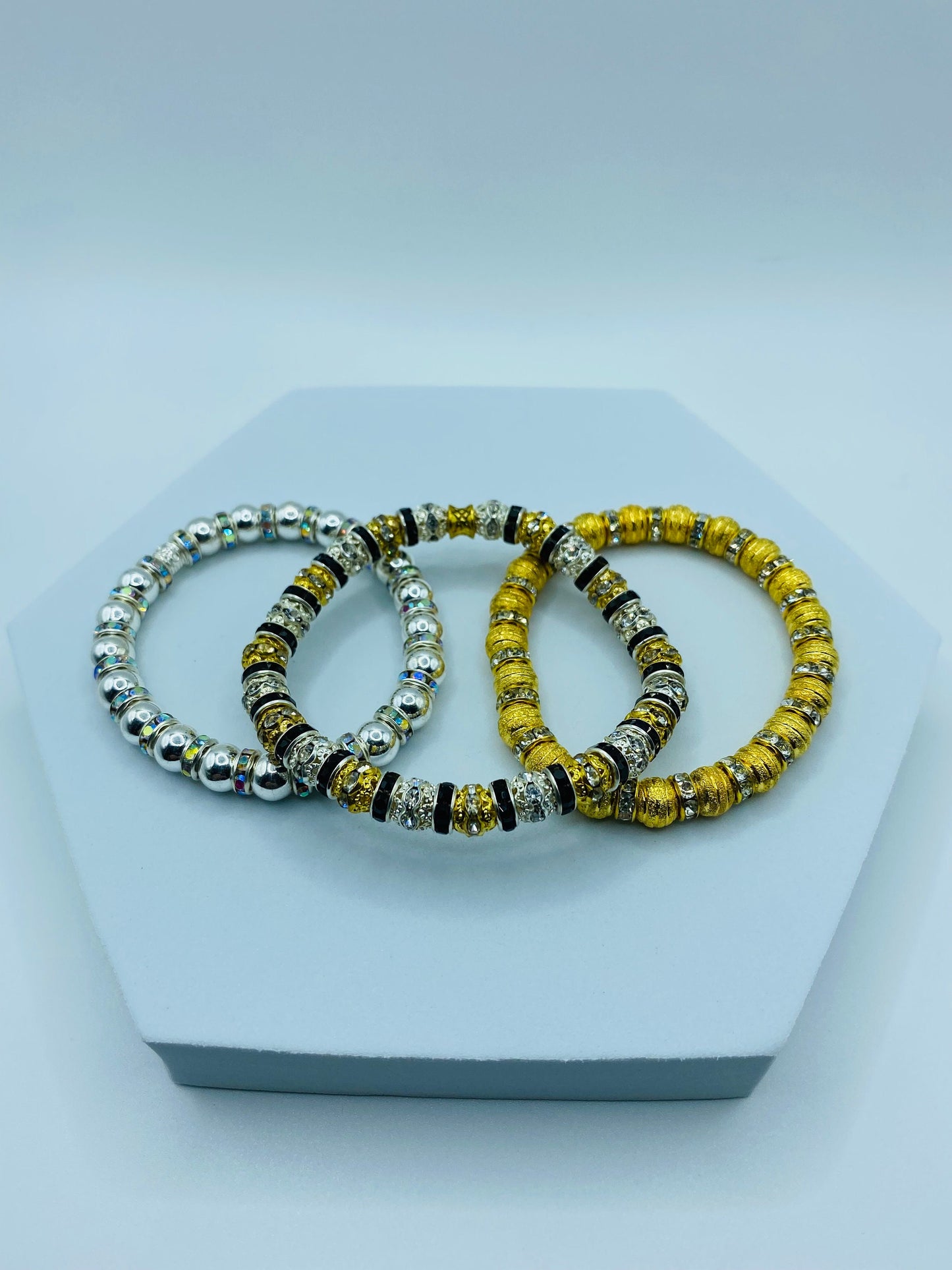 Mens Rhinestone Bracelet: Gold & Silver Plated CZ Beads