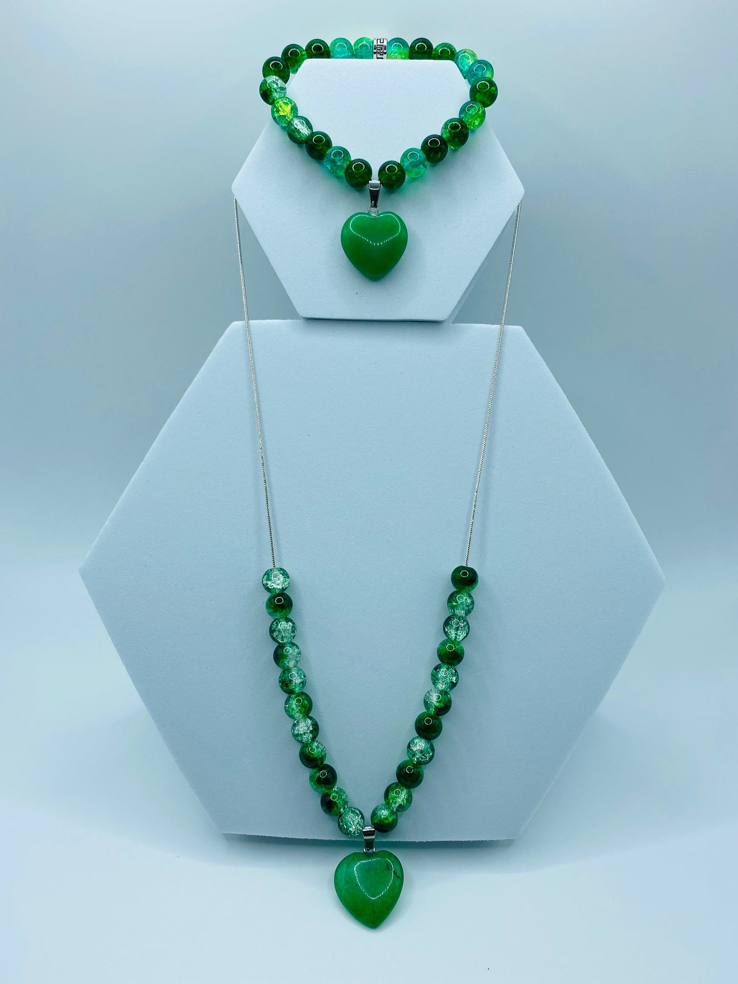Handmade Jade Heart Necklace Bracelet Set: Green Glass Bead Jewelry