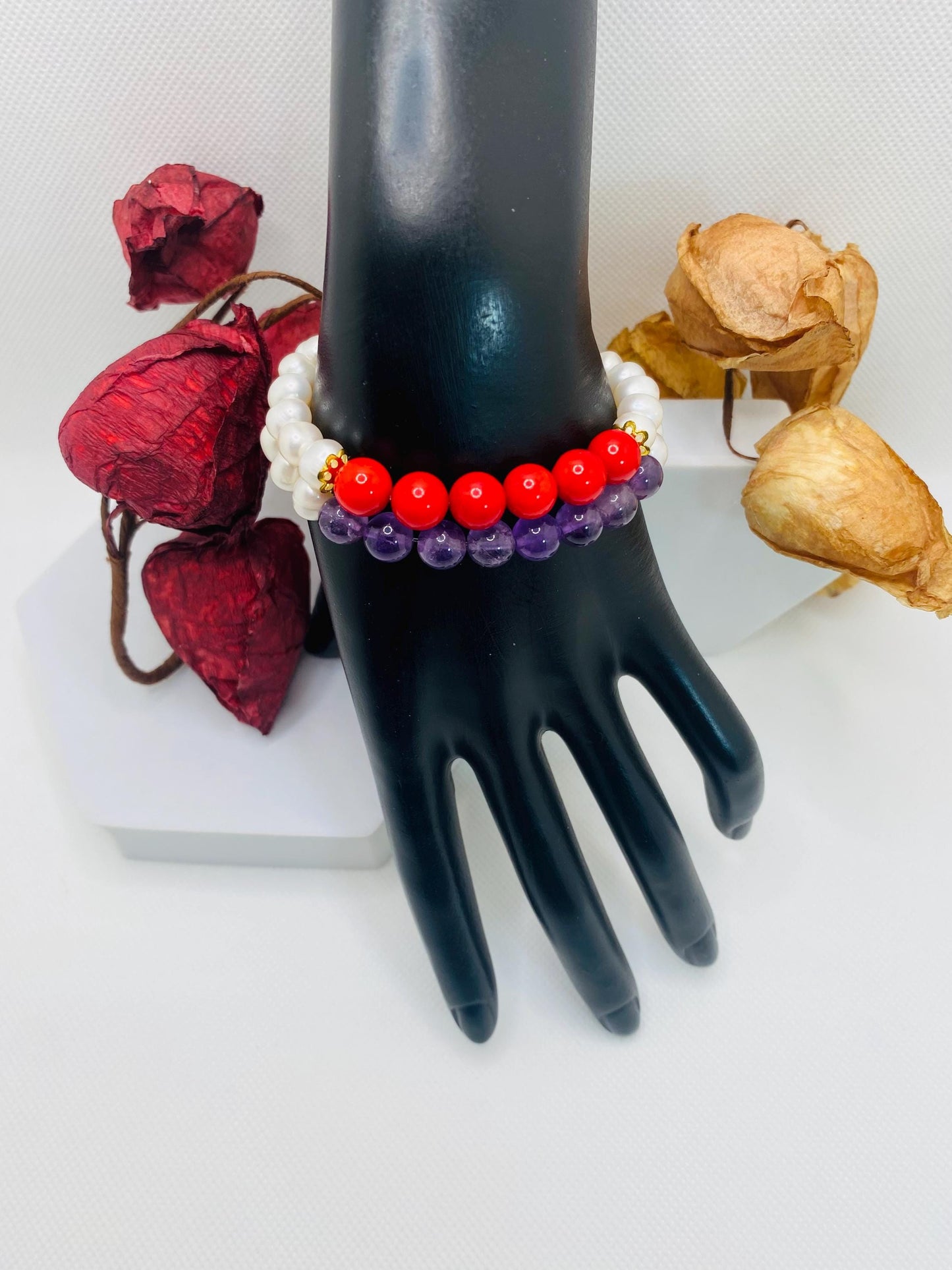 Amethyst, Coral & Pearl Bracelet Set: Handmade Gemstone Jewelry