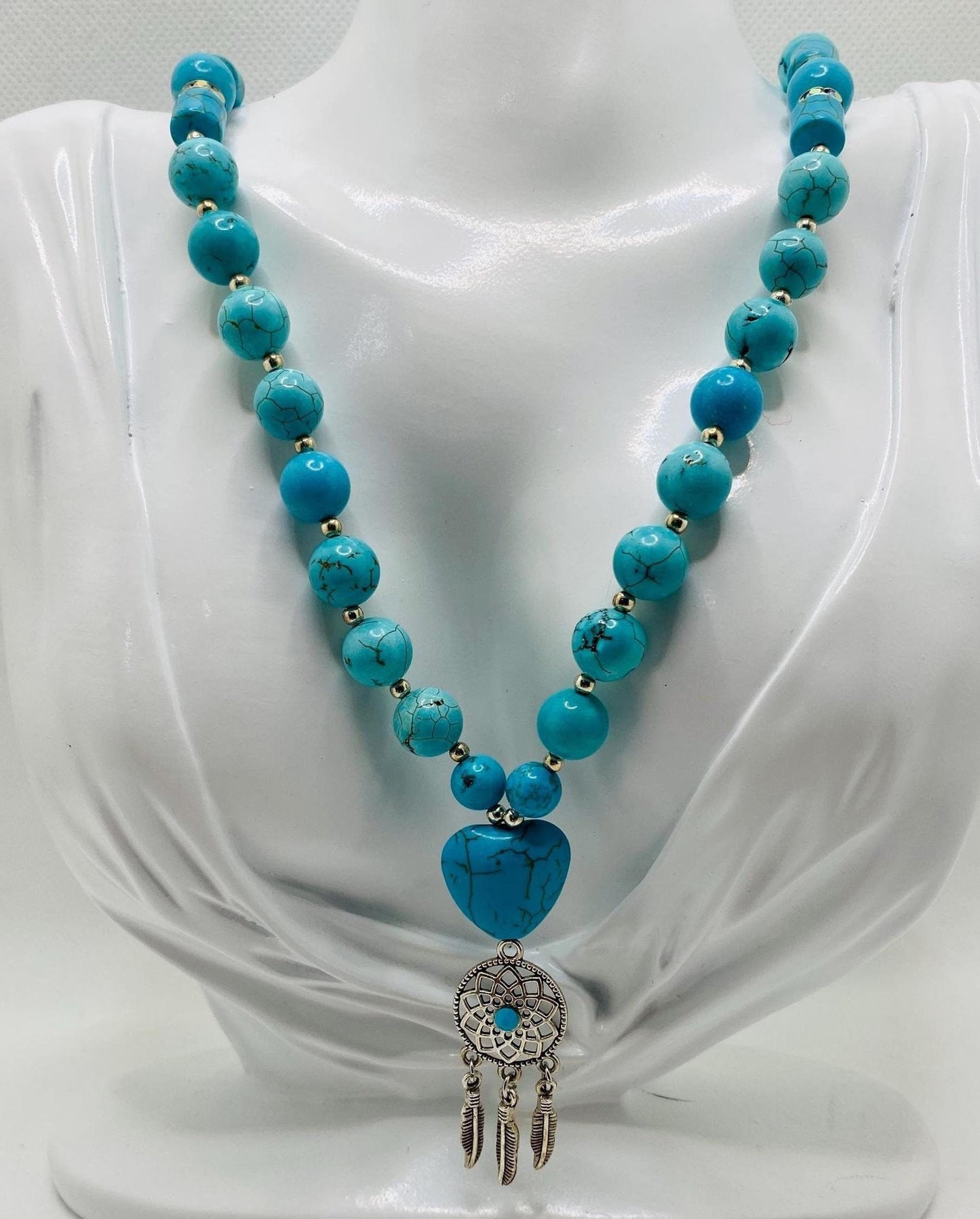 Handmade Turquoise Heart Necklace: Boho Dreamcatcher Pendant