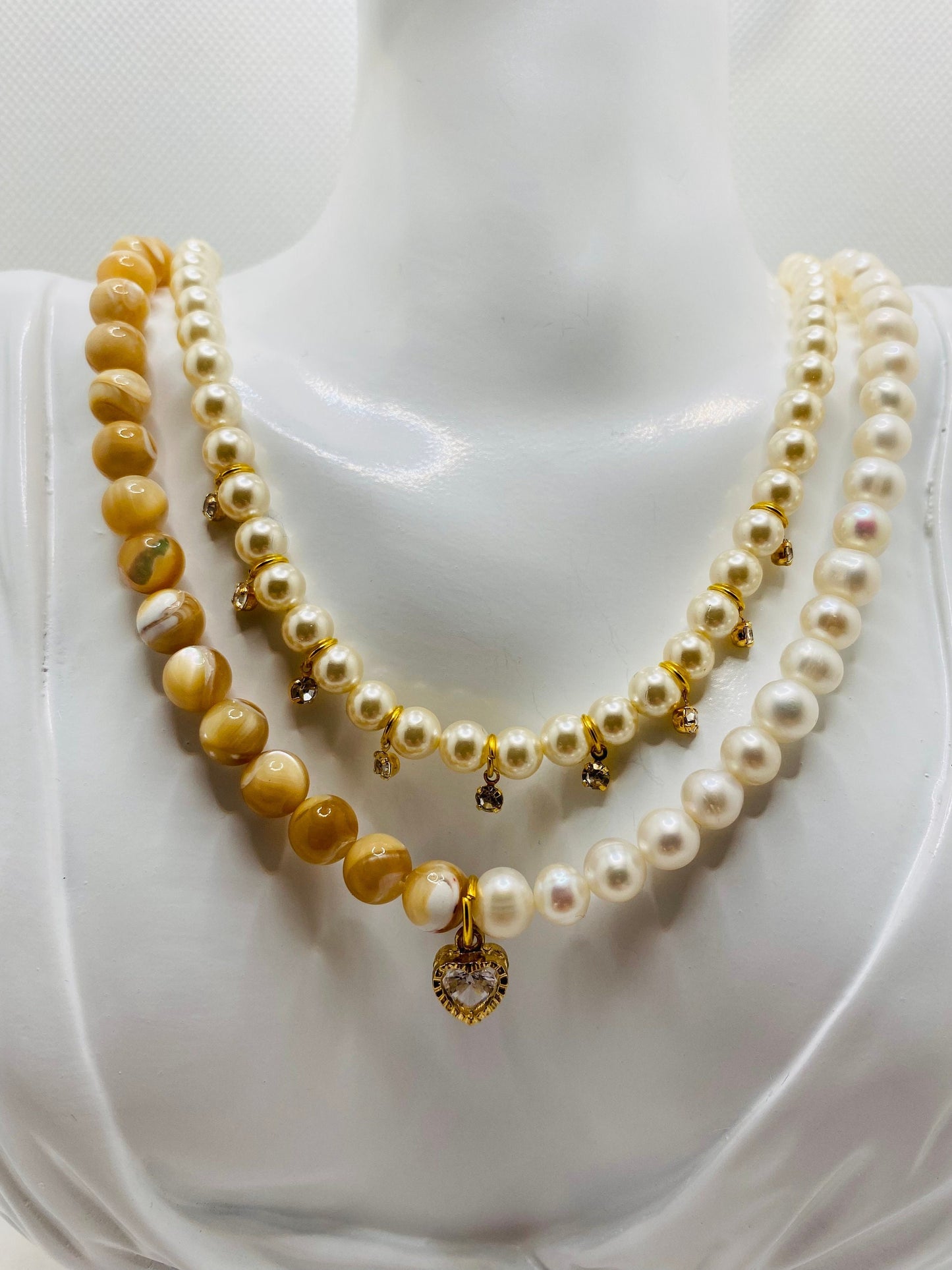 Handmade Mother of Pearl Necklace: Freshwater Pearl & CZ Heart Charm