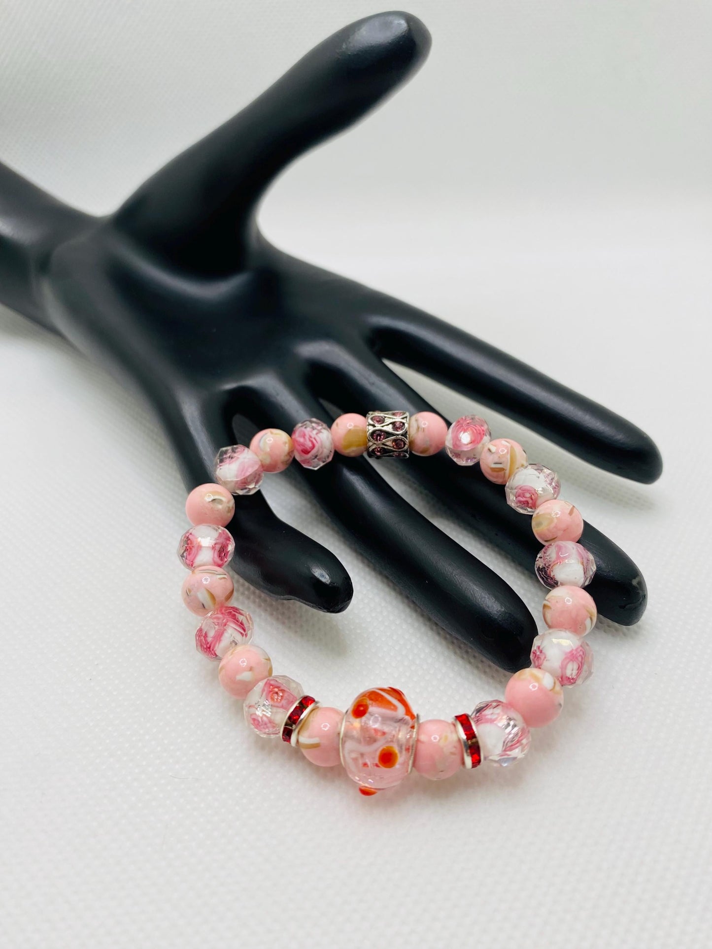 Pink Lampwork Glass Bead Bracelet: Floral Trochus Turquoise
