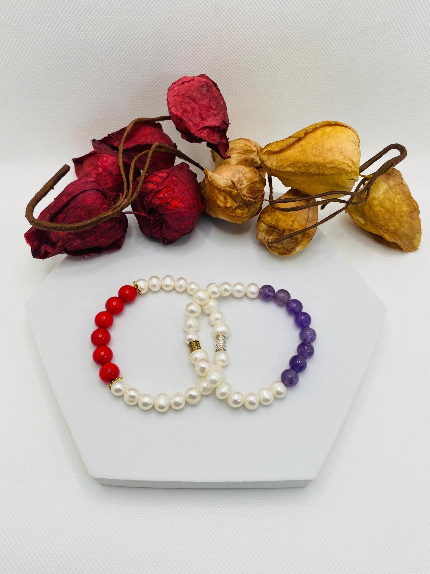 Amethyst, Coral & Pearl Bracelet Set: Handmade Gemstone Jewelry