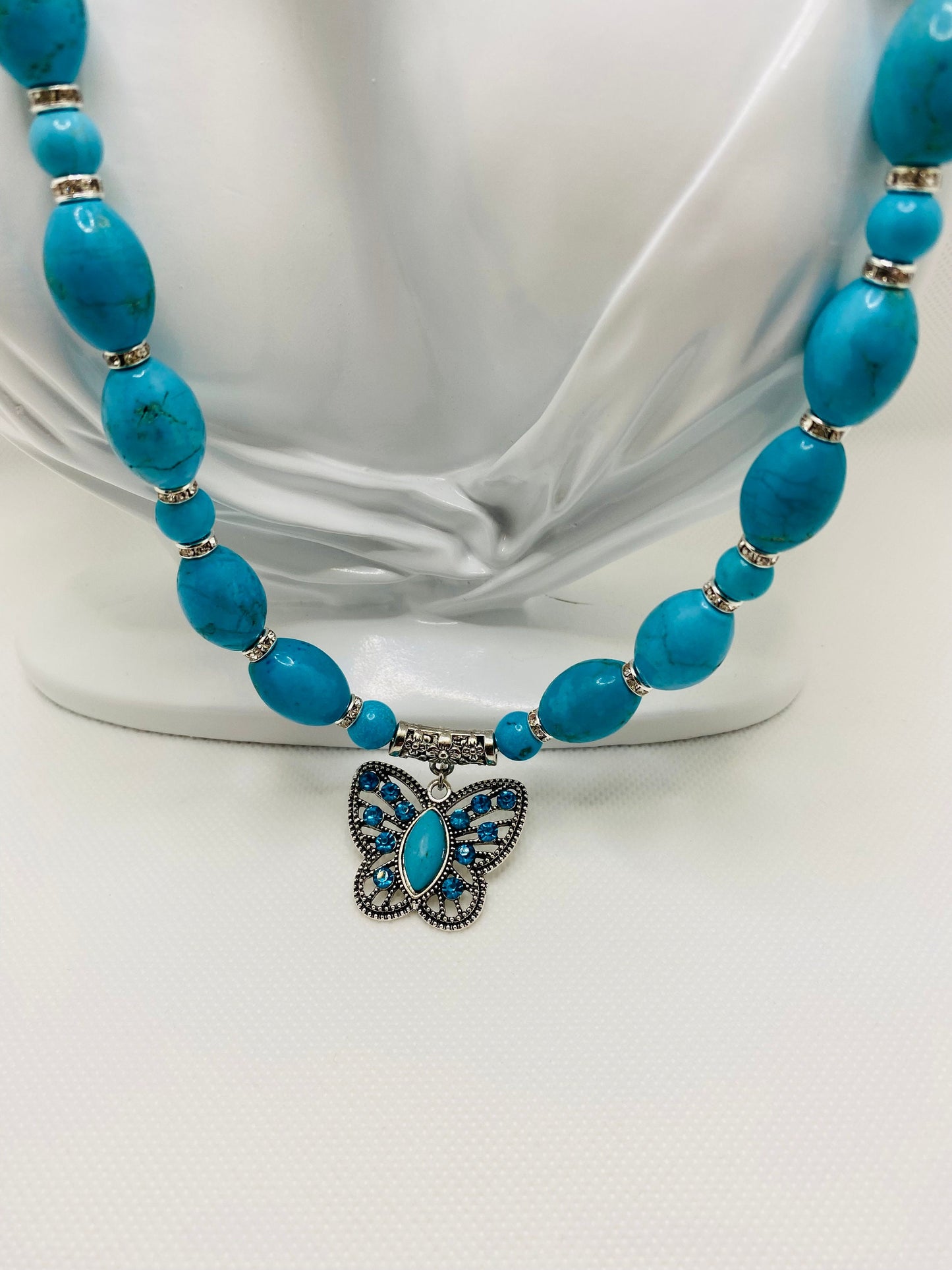 Turquoise Necklace: Butterfly Pendant, Rhinestone Accents