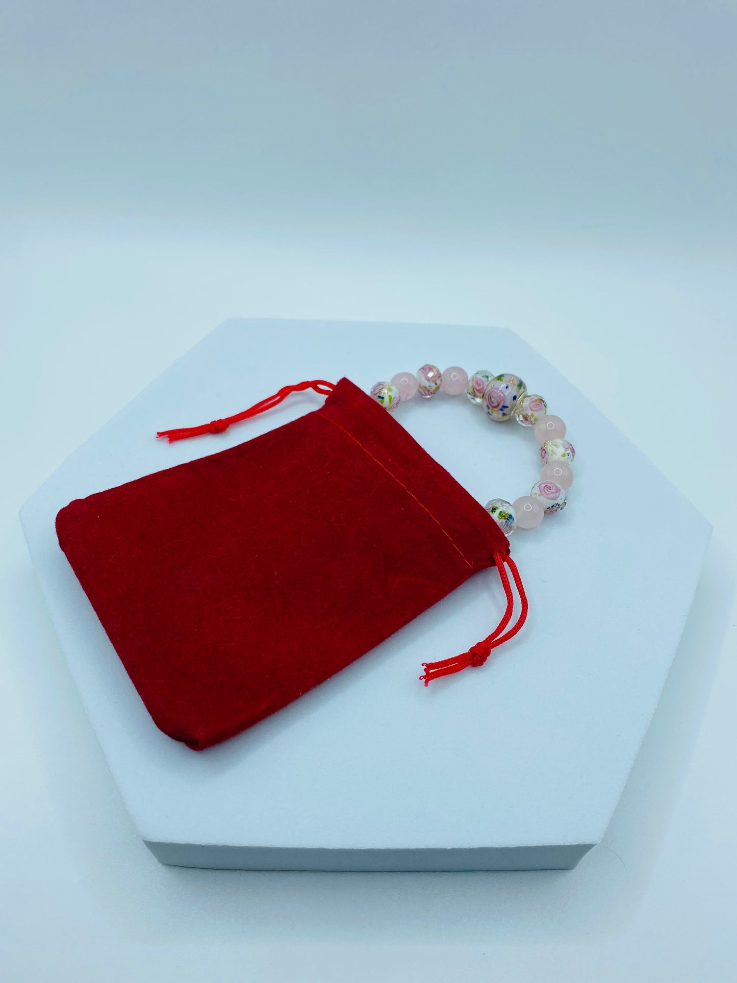 Rose Quartz Bracelet with Lampwork Floral Glass Beads