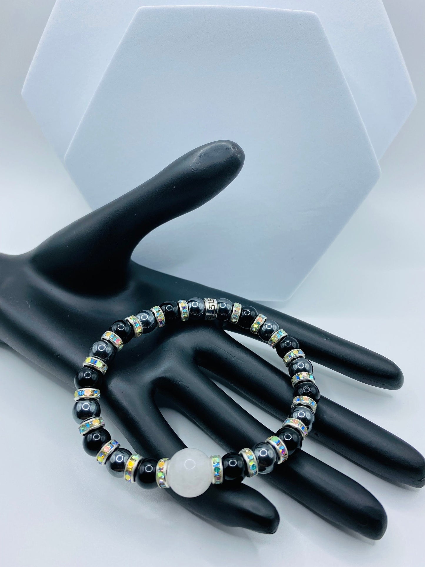 Handmade Black Onyx & Chalcedony Bracelet with Rhinestone Spacers