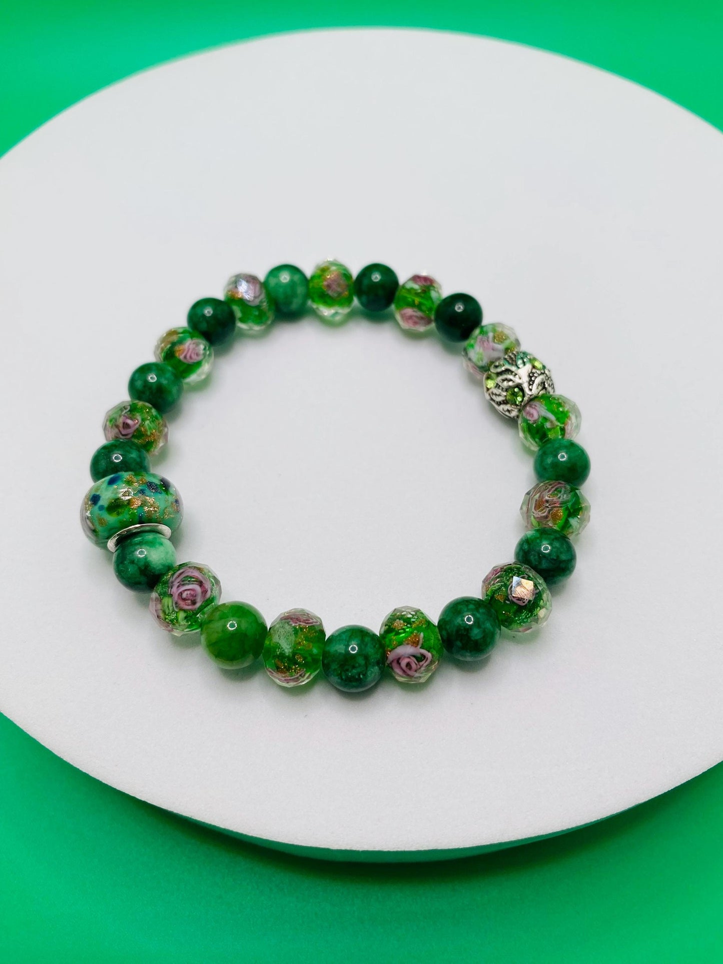 Lampwork Glass & Chalcedony Beaded Bracelet: Handmade Floral Jewelry