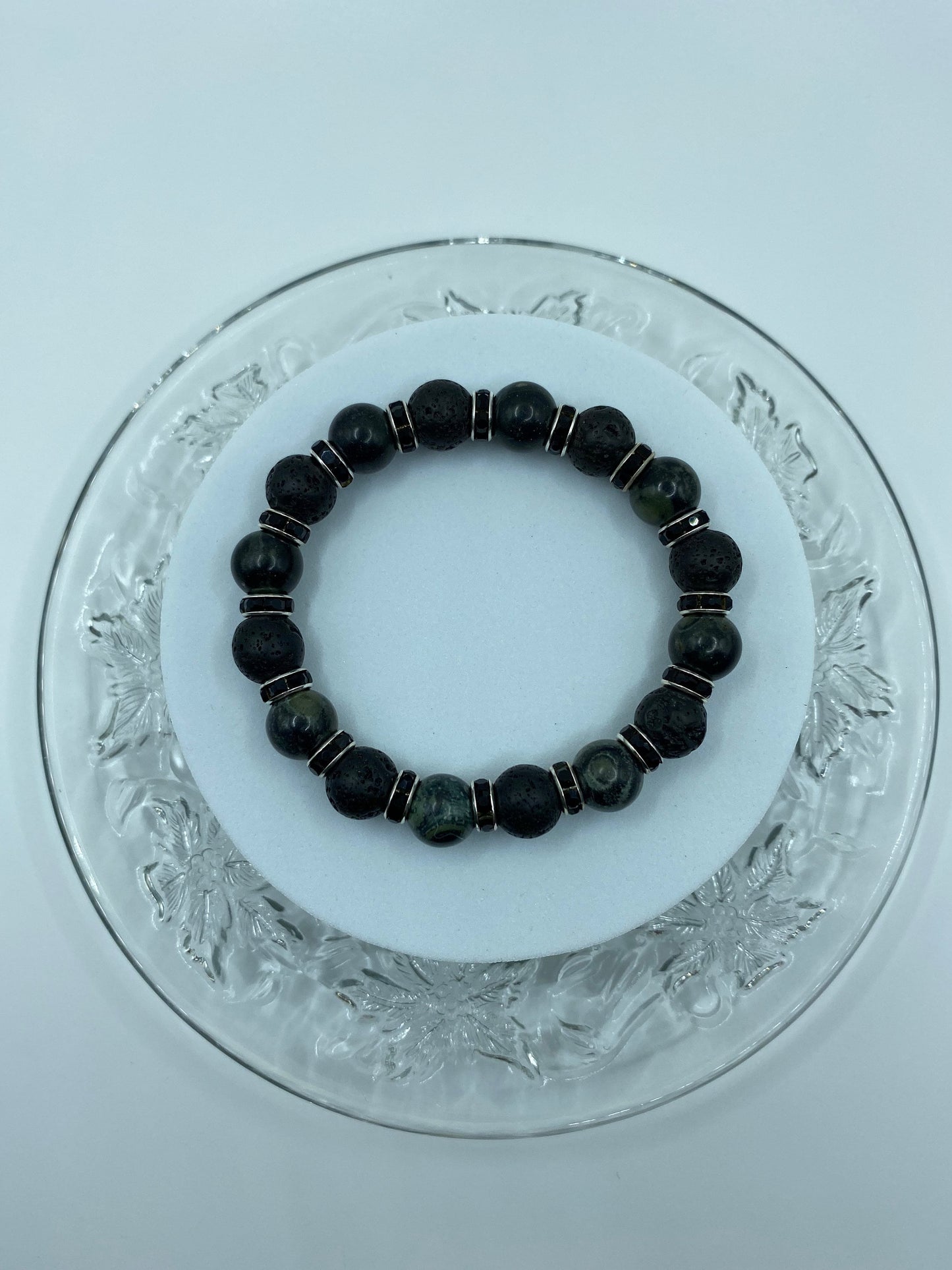 Lava Rock & Labradorite Bracelet with Rhinestone Accents