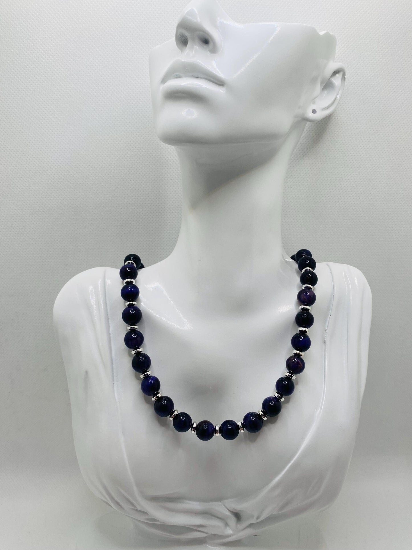 Purple Tigers Eye Necklace: Silver Hematite Gemstone Beaded Jewelry