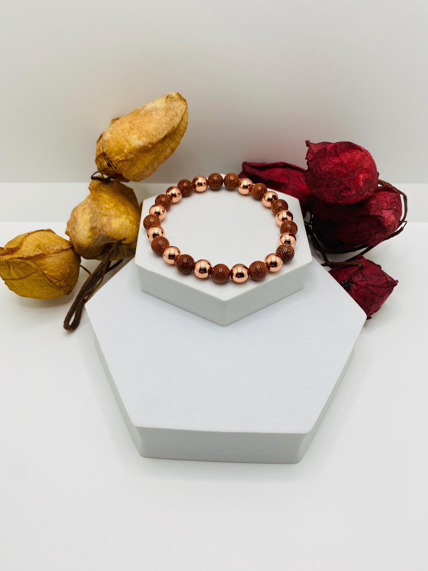 Rose Gold Hematite Bracelet: Natural Goldstone Gemstone Beads